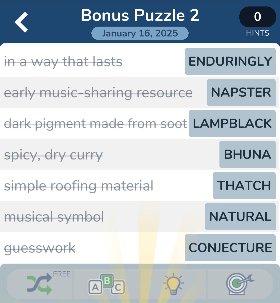 7 Little Words January 16 2025 Bonus 2 Crossword puzzle with words and clues.