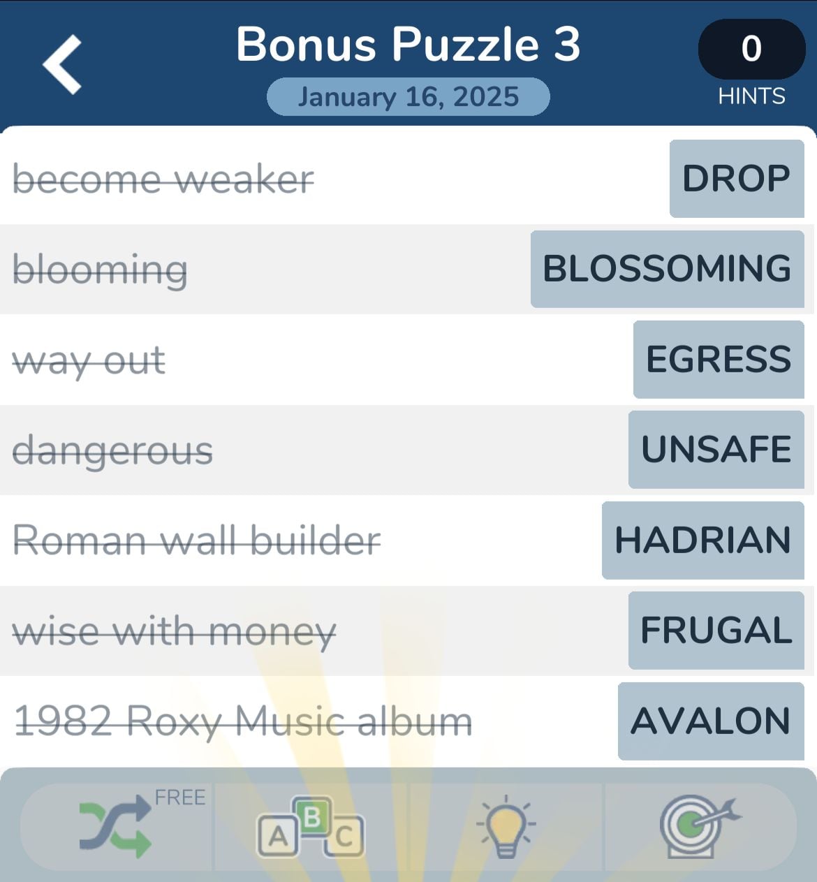 7 Little Words January 16 2025 Bonus 3 Crossword puzzle answers for various clues on screen.