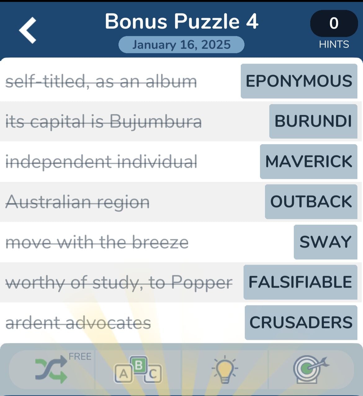 7 Little Words January 16 2025 Bonus 4 Crossword puzzle answers and clues on screen.