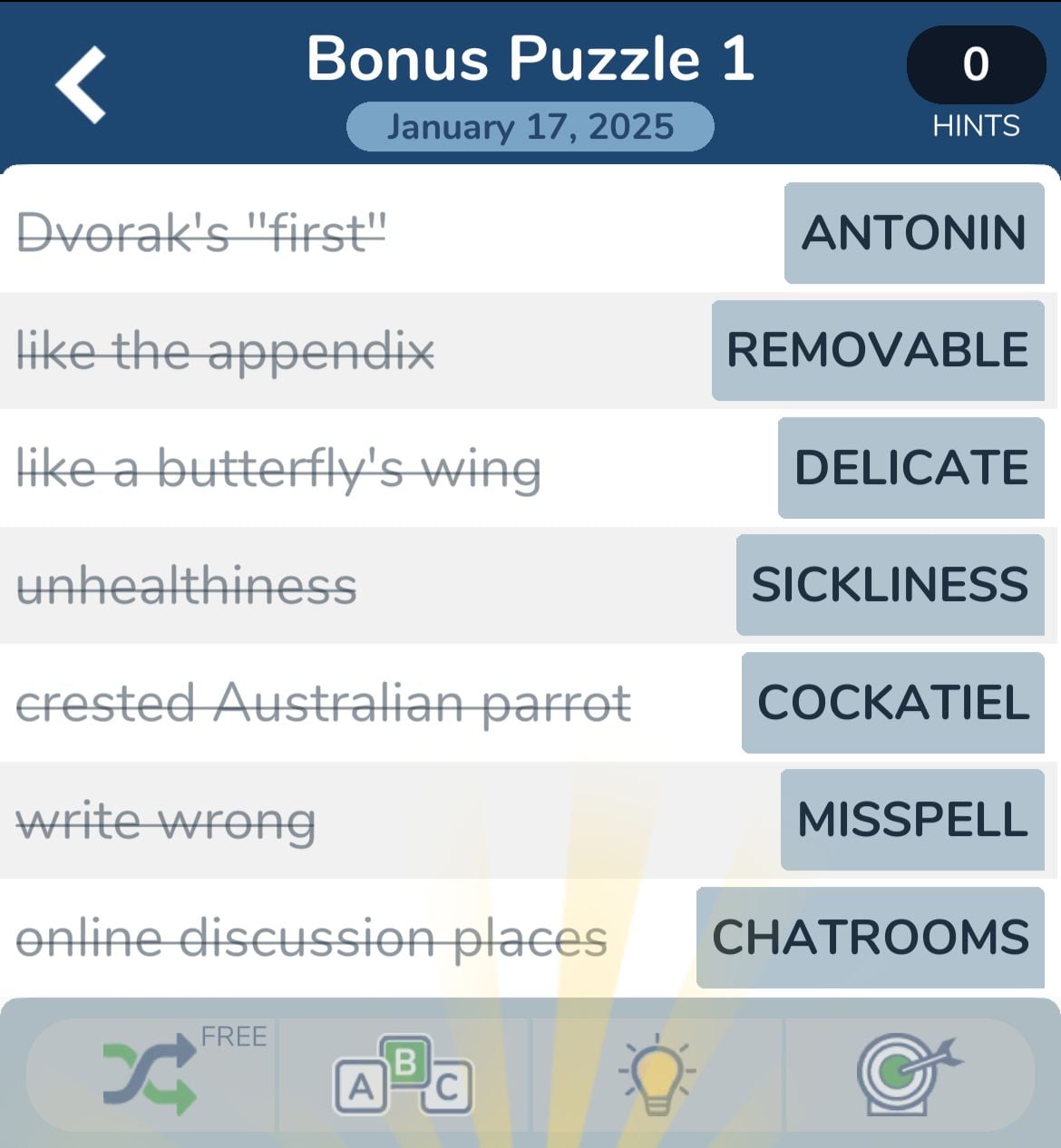 Bonus puzzle game with word clues and answers.