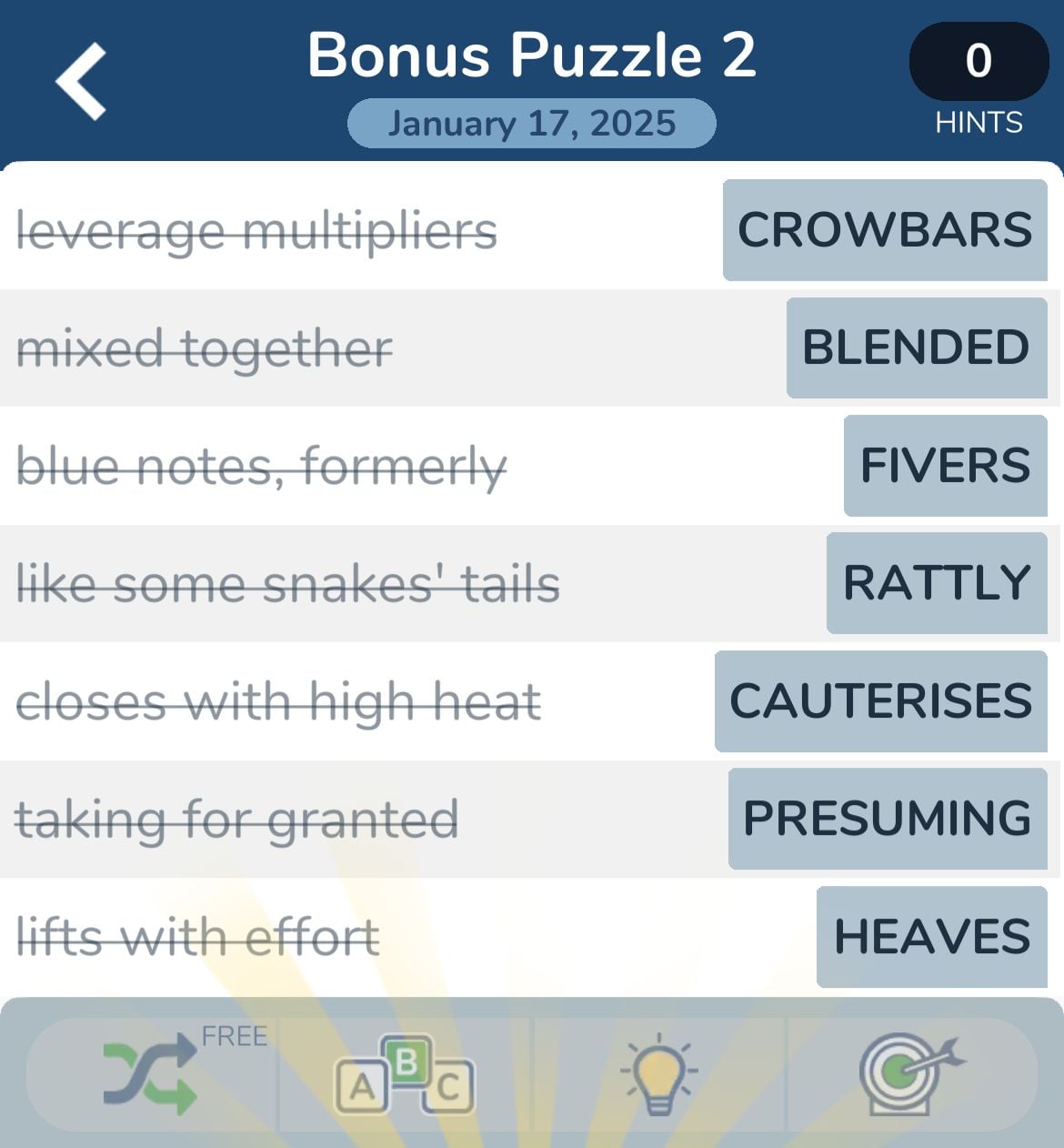 Crossword puzzle answers for January 17, 2025.