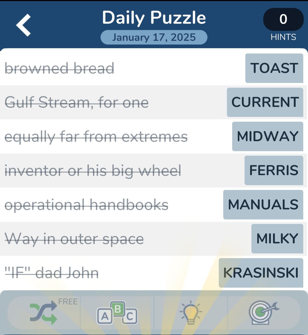Daily word puzzle solutions on January 17, 2025.