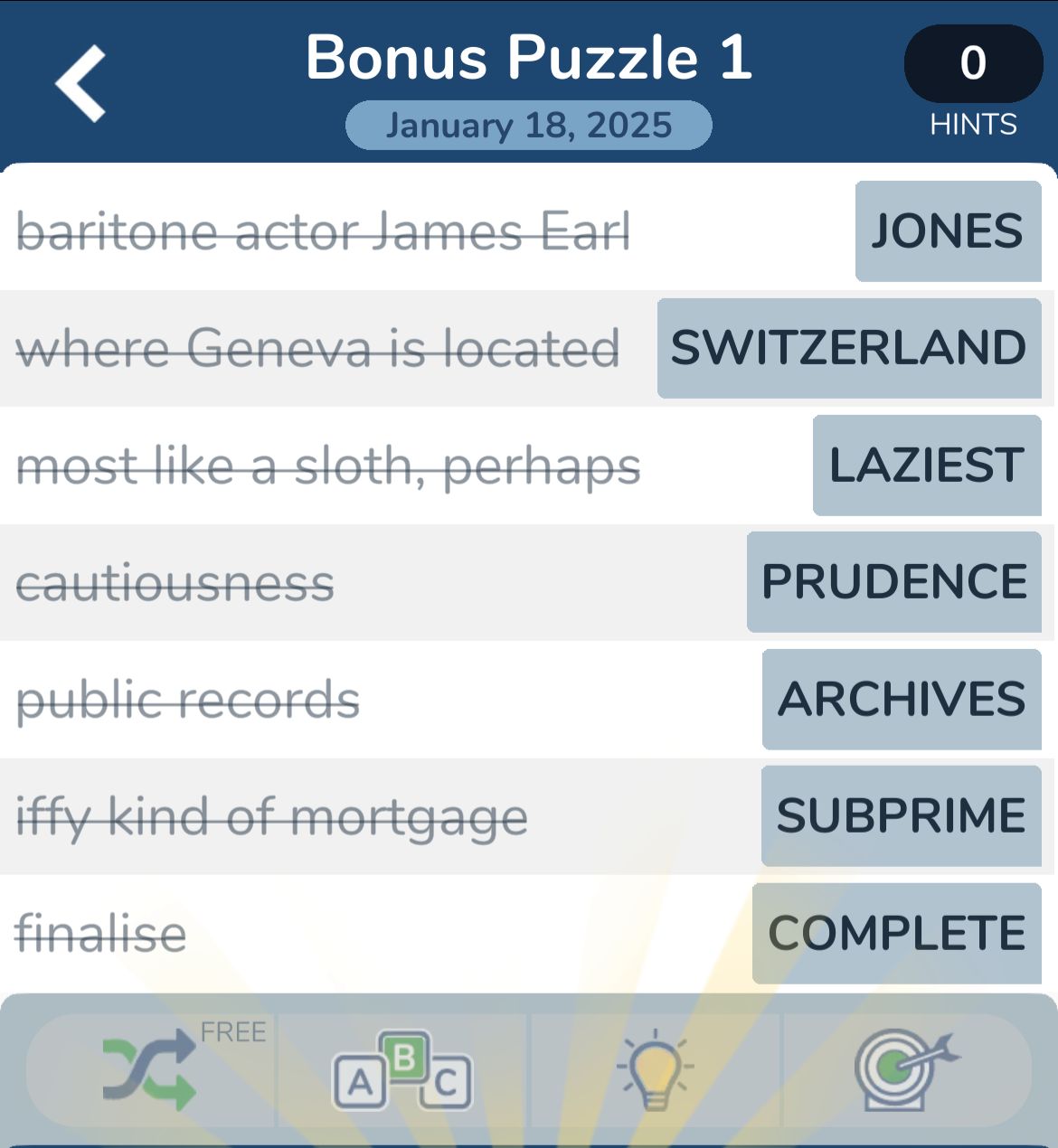 Crossword puzzle answers with clues and completion date.