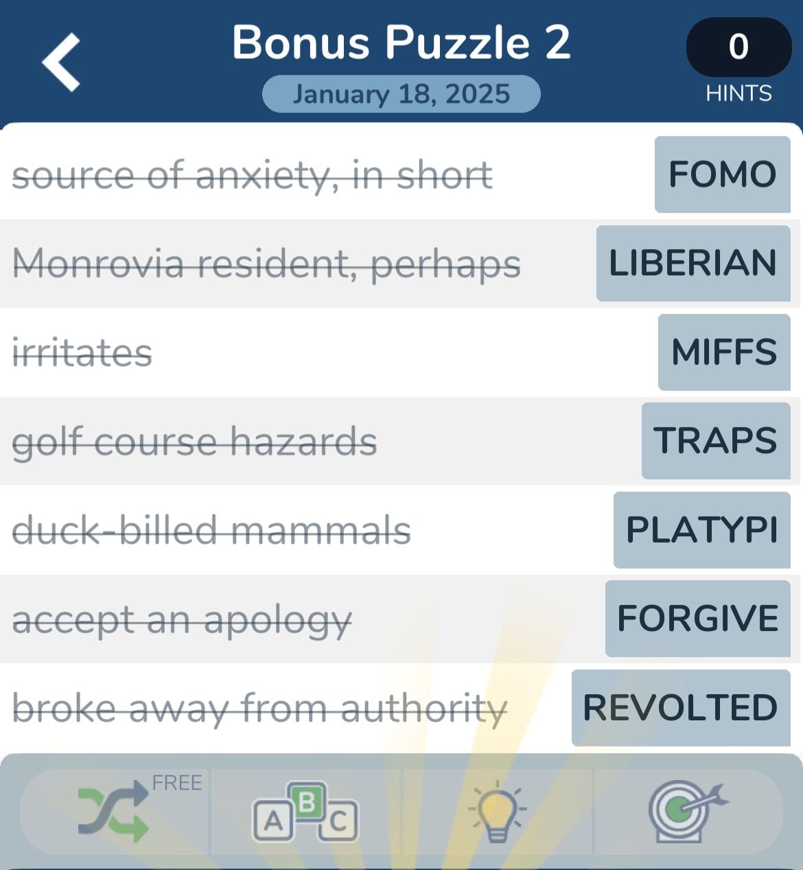 Word puzzle with clues and answers displayed