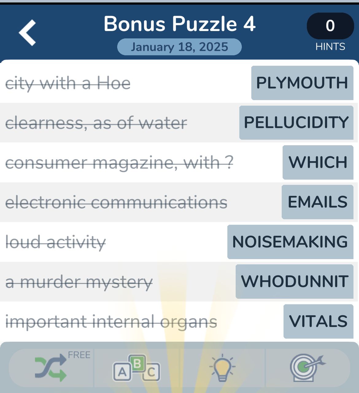 Word puzzle answers: Plymouth, Pellucidity, Which.
