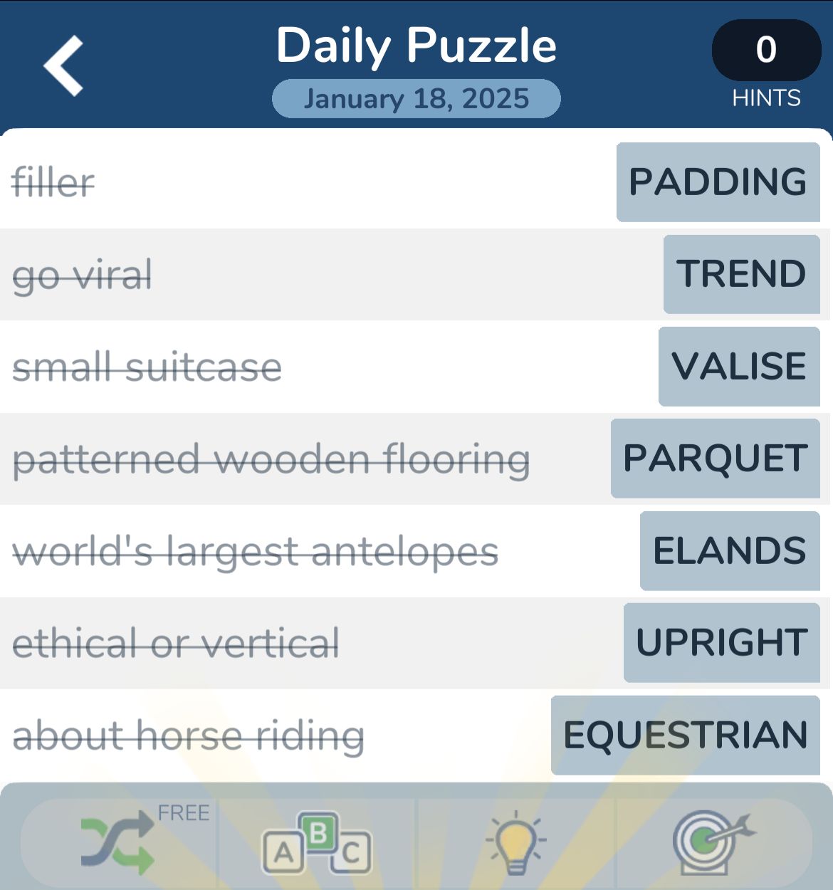 Word puzzle with synonyms and antonyms January 18, 2025