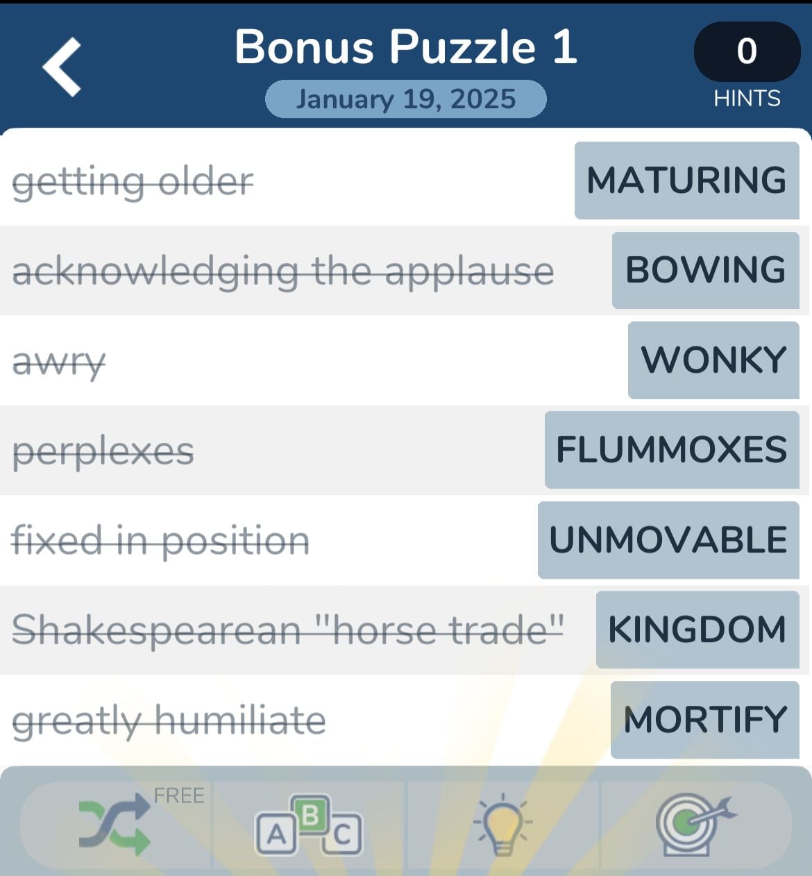 Word puzzle answers for January 19, 2025