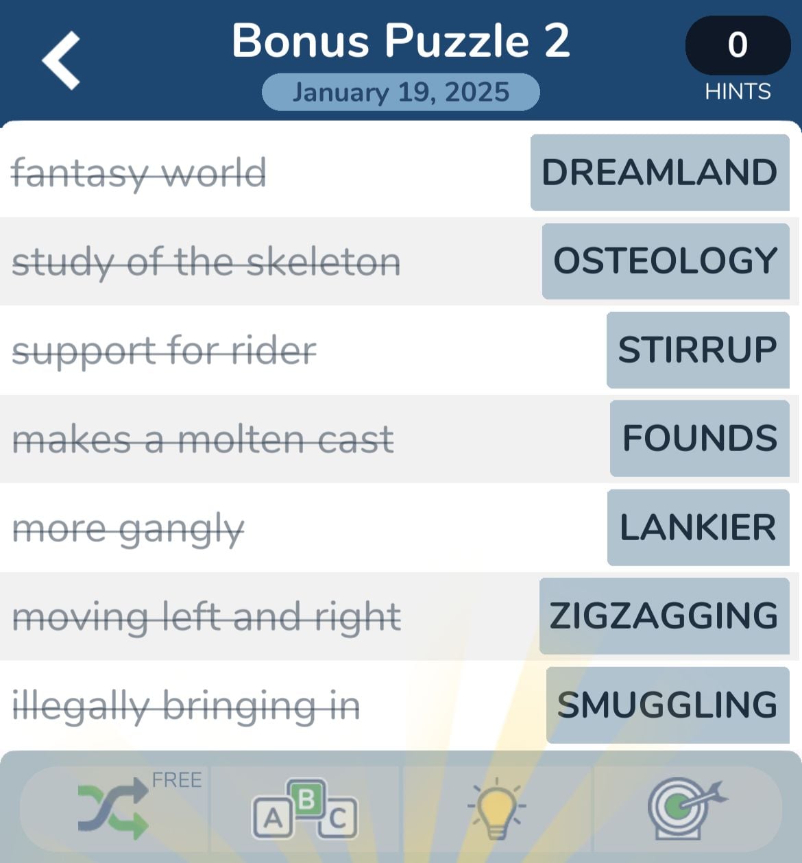 Word puzzle answers related to different concepts.