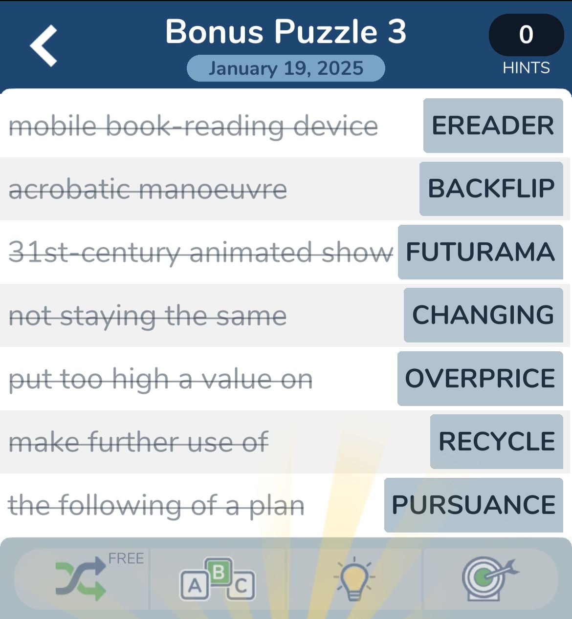Word puzzle answers: ereader, backflip, futurama, changing.