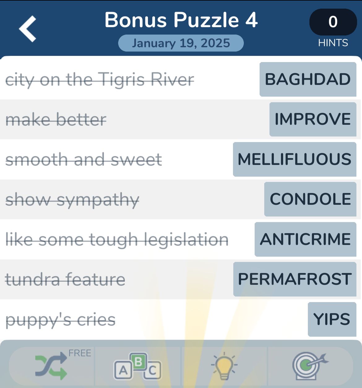 Word puzzle answers: Baghdad, Improve, Mellifluous, Condole.