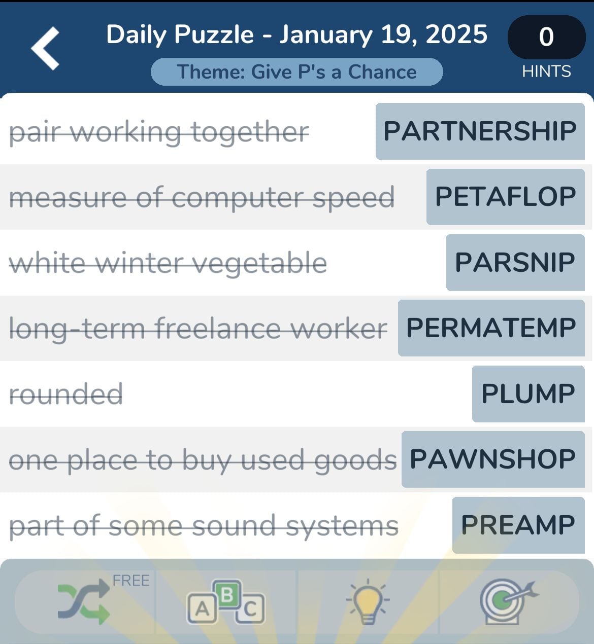 Daily puzzle clues and word answers list.