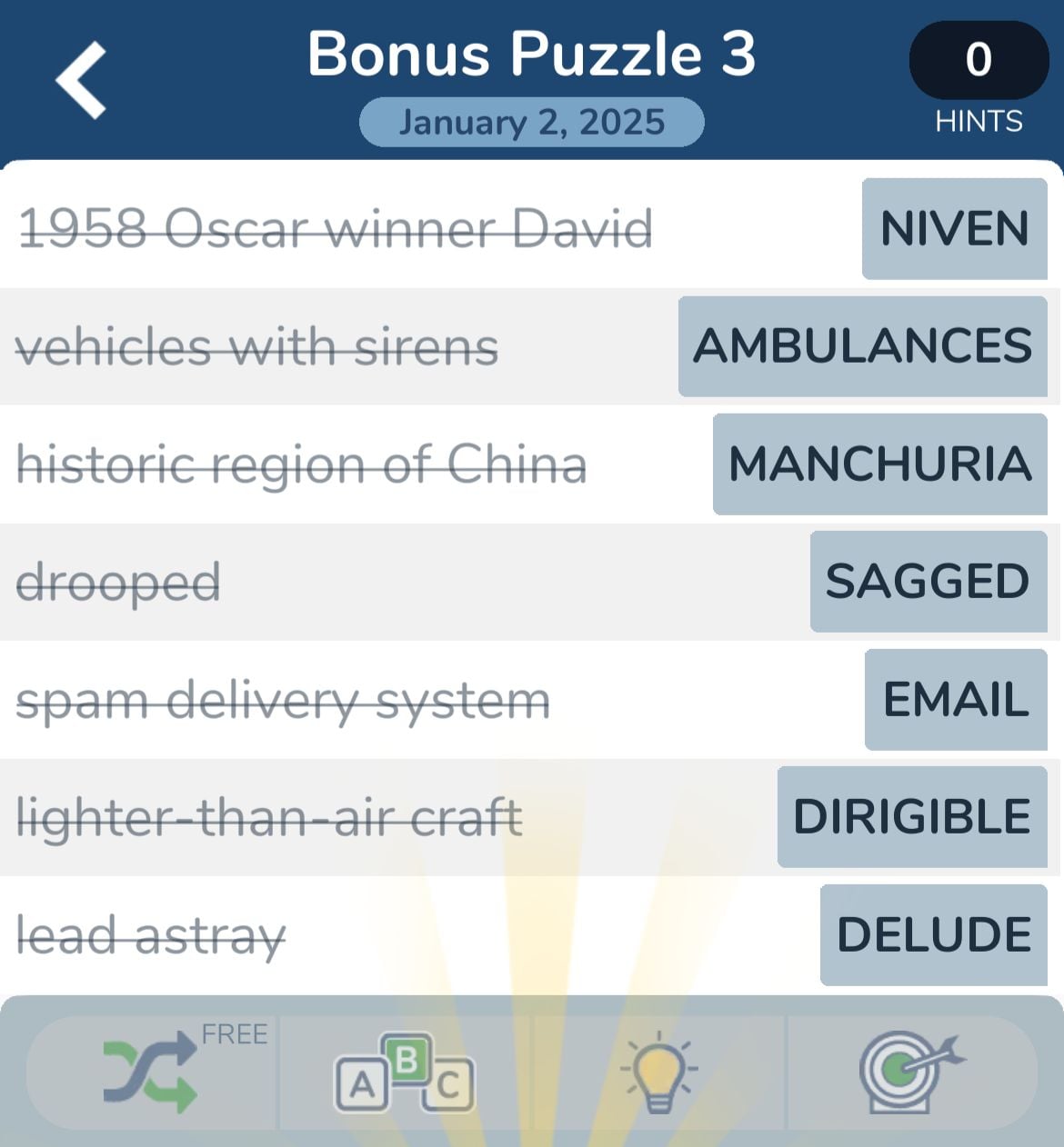 7 Little Words January 2 2025 Bonus 3