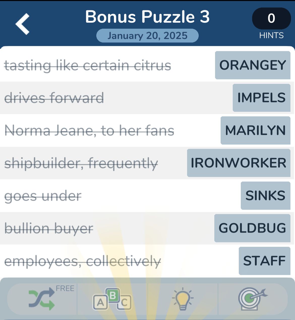 Word puzzle with various clues and answers