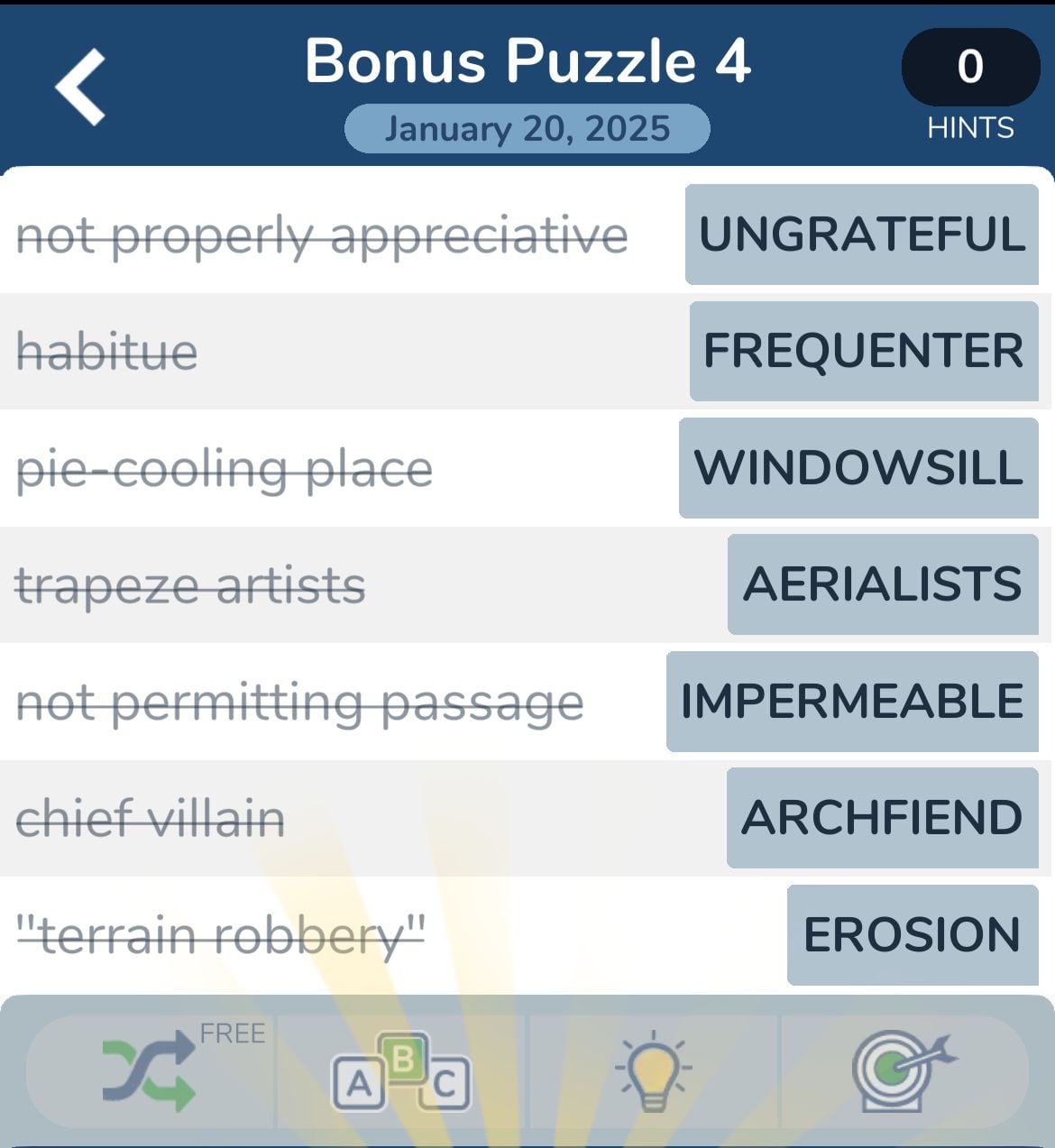 Word puzzle answers for Bonus Puzzle 4.