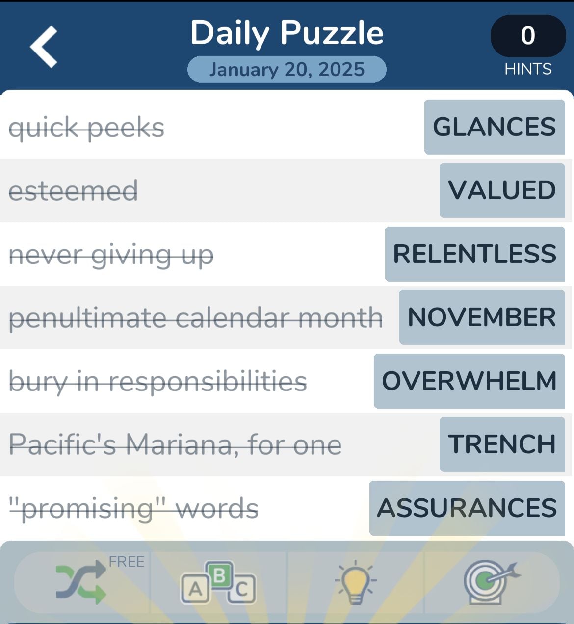 Crossword puzzle answers for January 20, 2025.