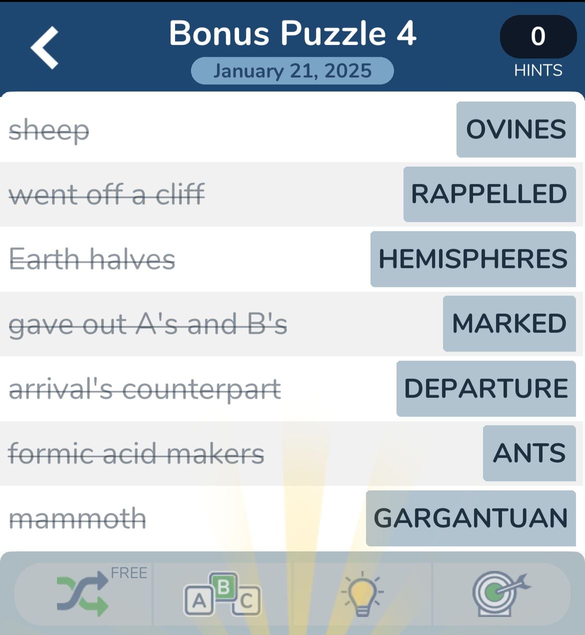 Crossword puzzle clues and answers screenshot.