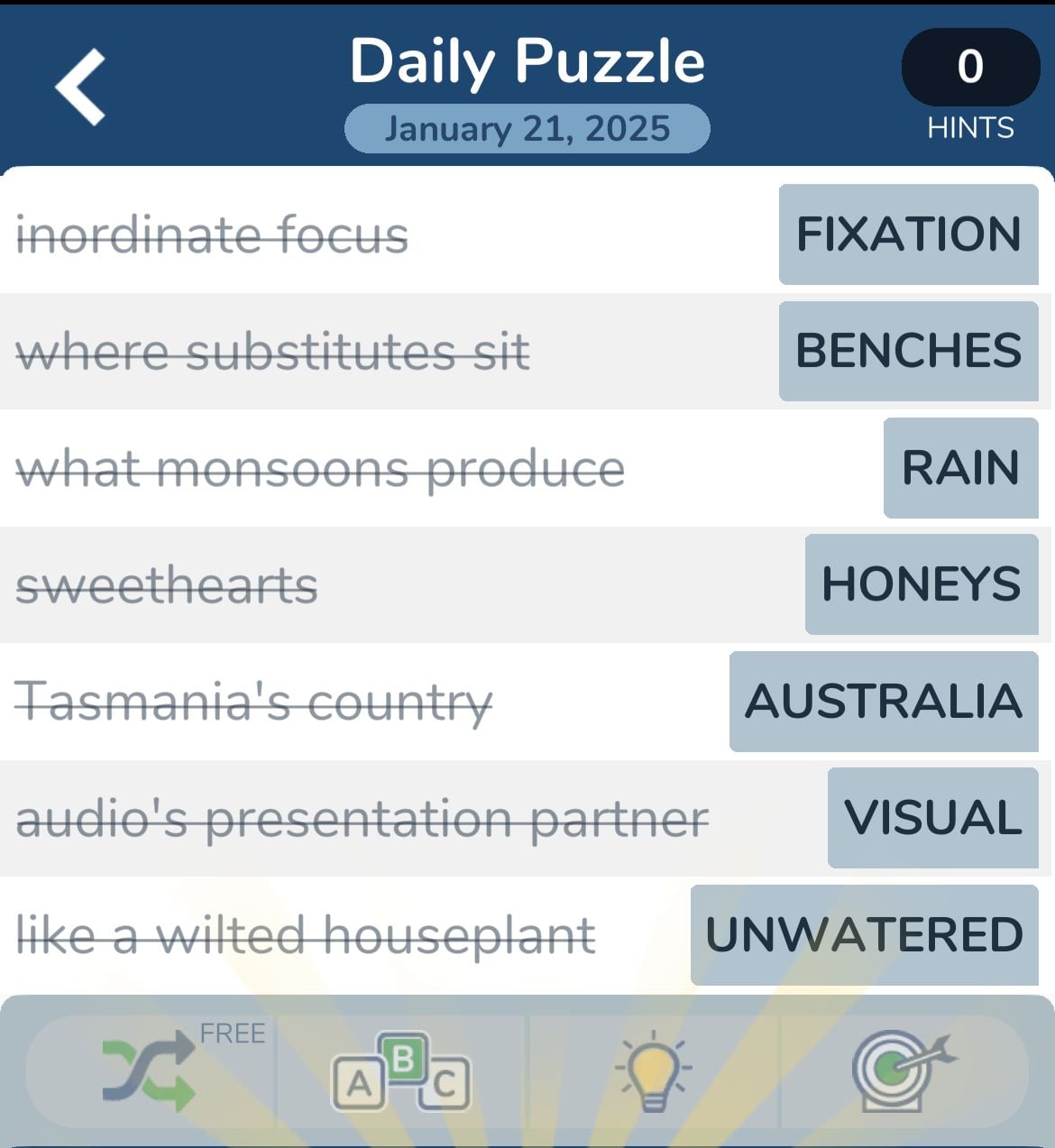 Daily crossword puzzle solutions, January 21, 2025.