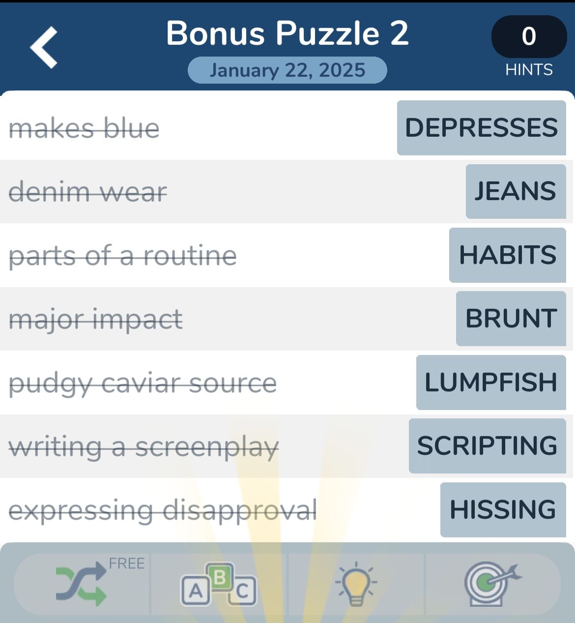 Word puzzle solutions for January 22, 2025.