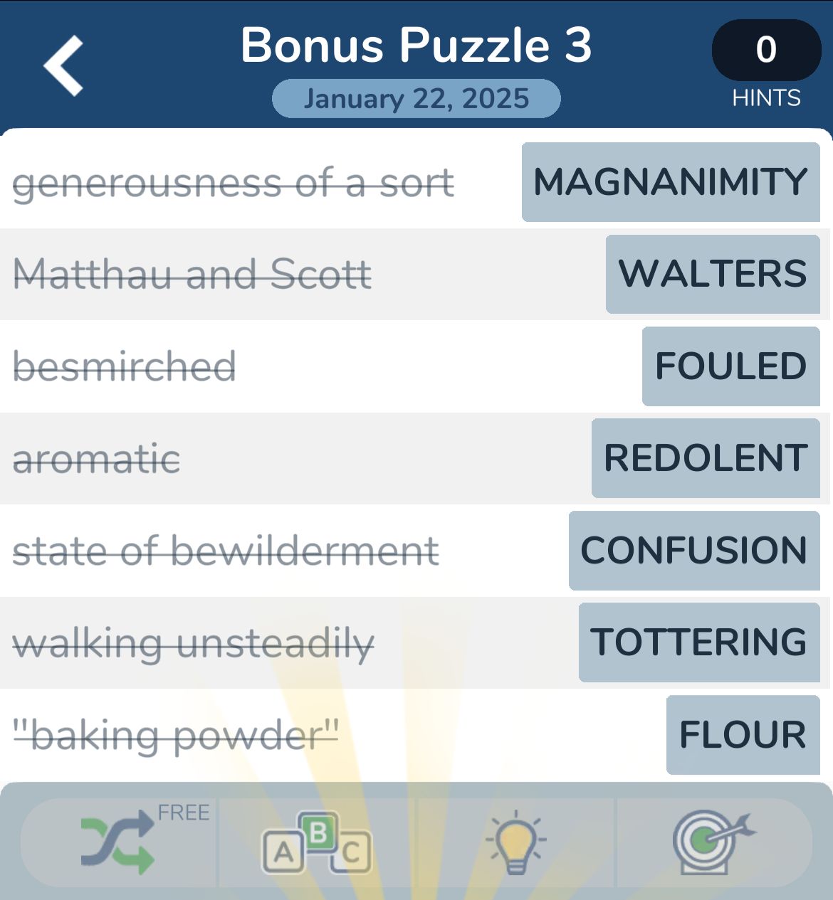 Word puzzle clues and answers for January 22, 2025.