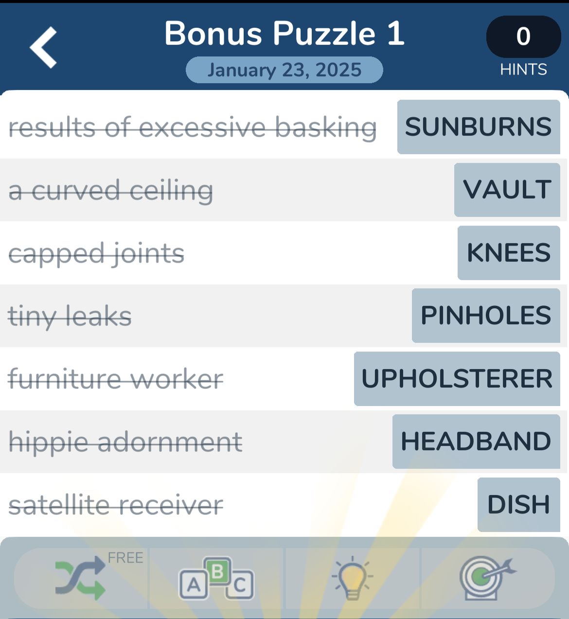 Word puzzle with answers related to daily items.