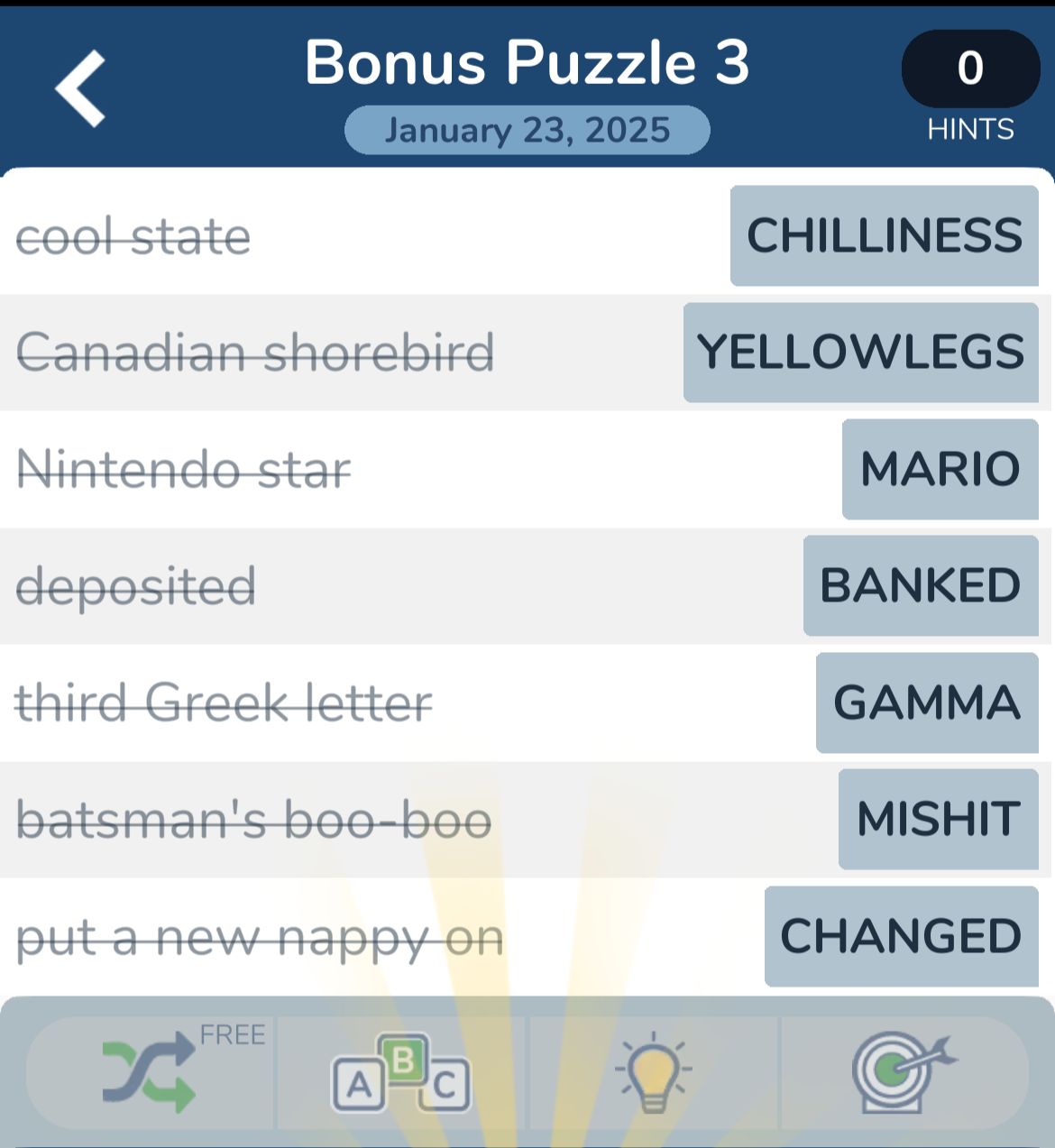 Word puzzle answers for January 23, 2025.