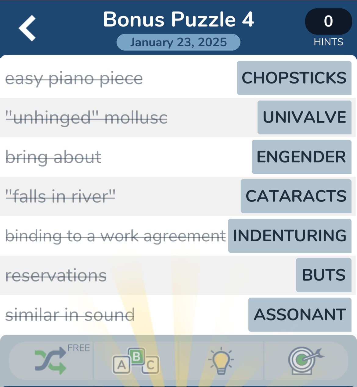 Word puzzle answers with date January 23, 2025.
