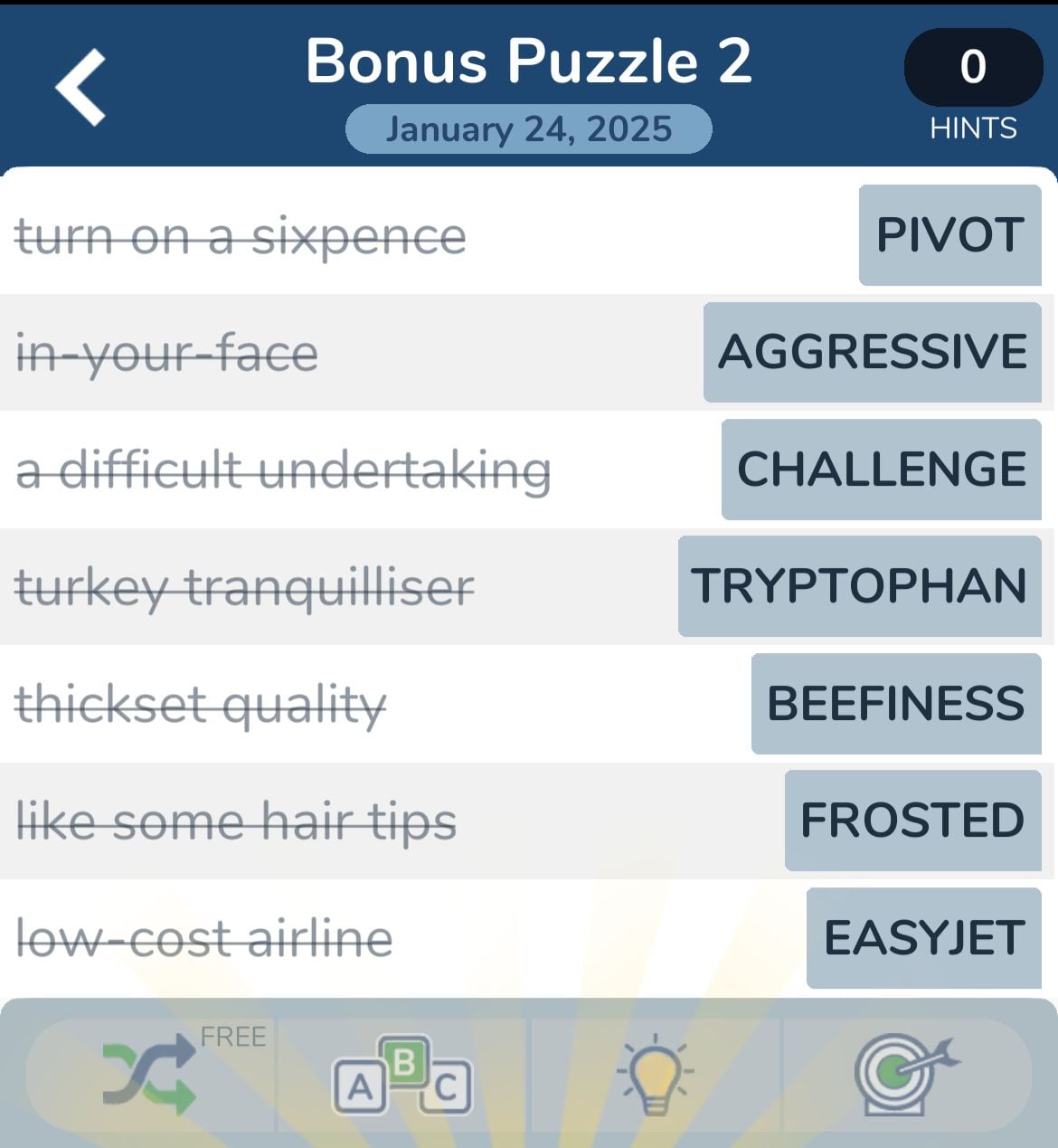 Crossword puzzle answers for January 24, 2025.