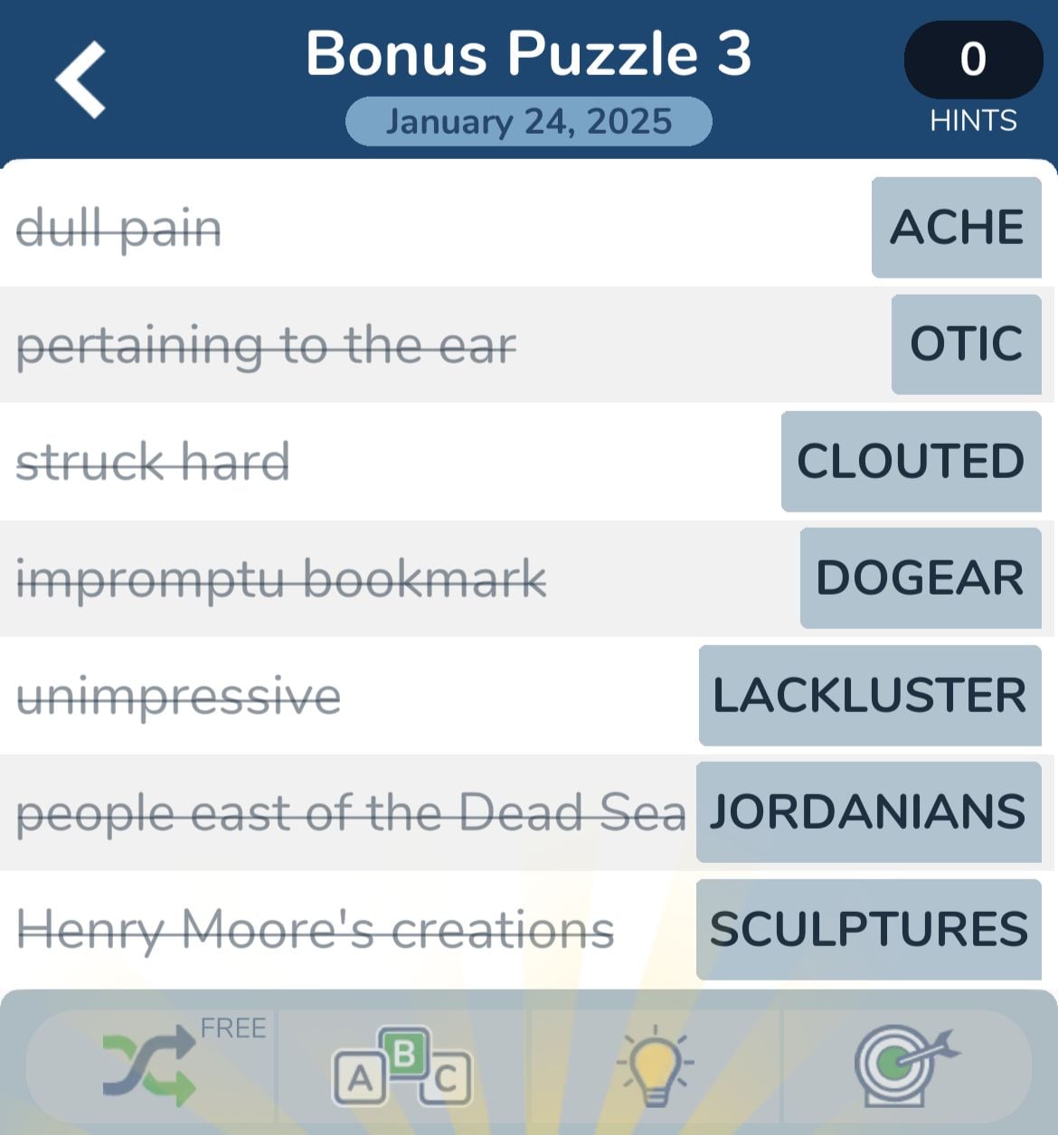 Crossword puzzle answers January 24, 2025.