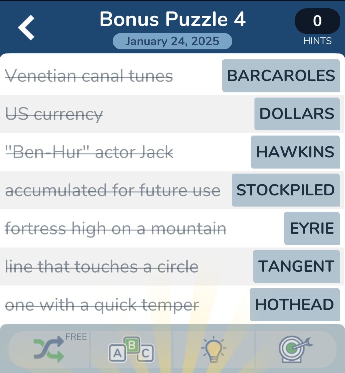 Crossword puzzle clues and answers displayed on screen.