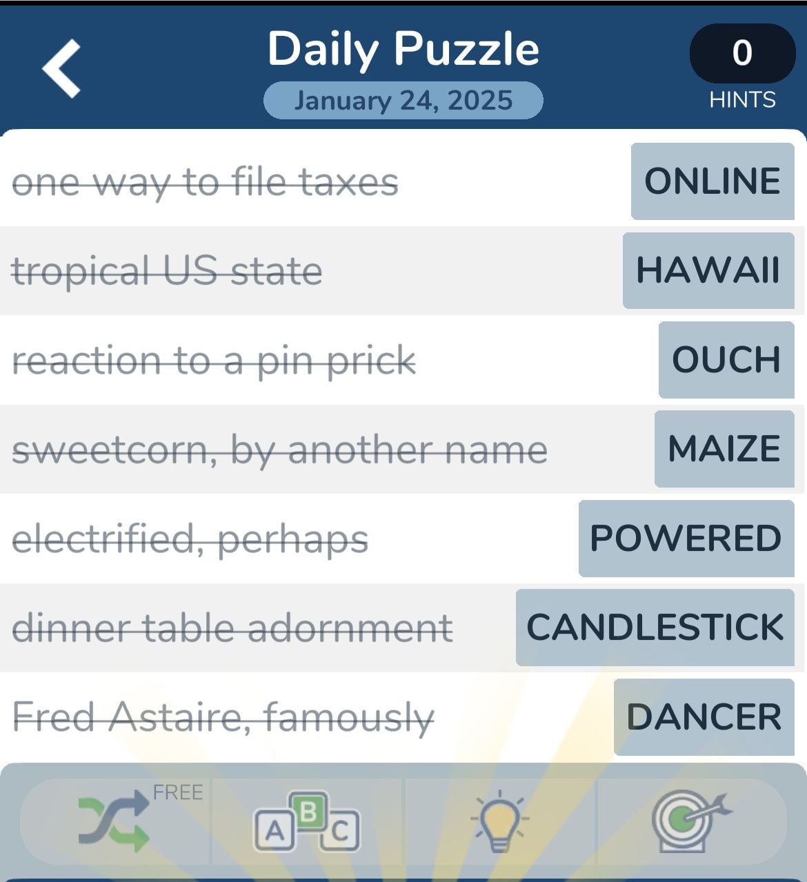 Daily crossword puzzle answers, January 24, 2025.