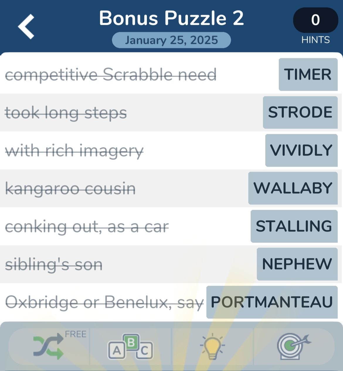 Crossword puzzle answers for bonus challenge.