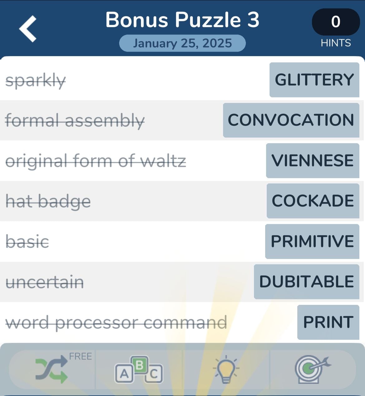 Word puzzle answers: glittery, convocation, Viennese, cockade.
