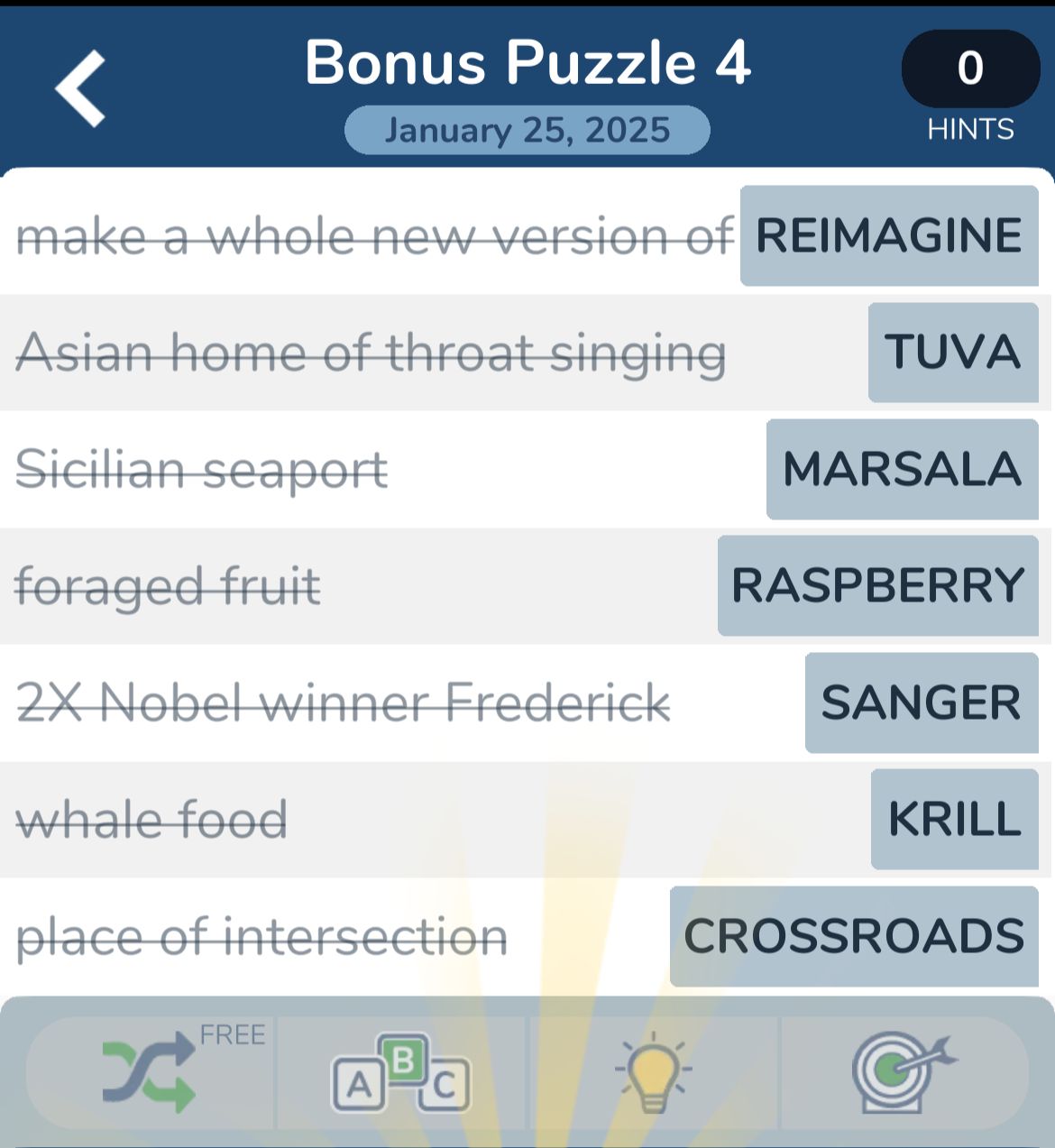 Word puzzle answers: Reimagine, Tuva, Marsala, Raspberry.