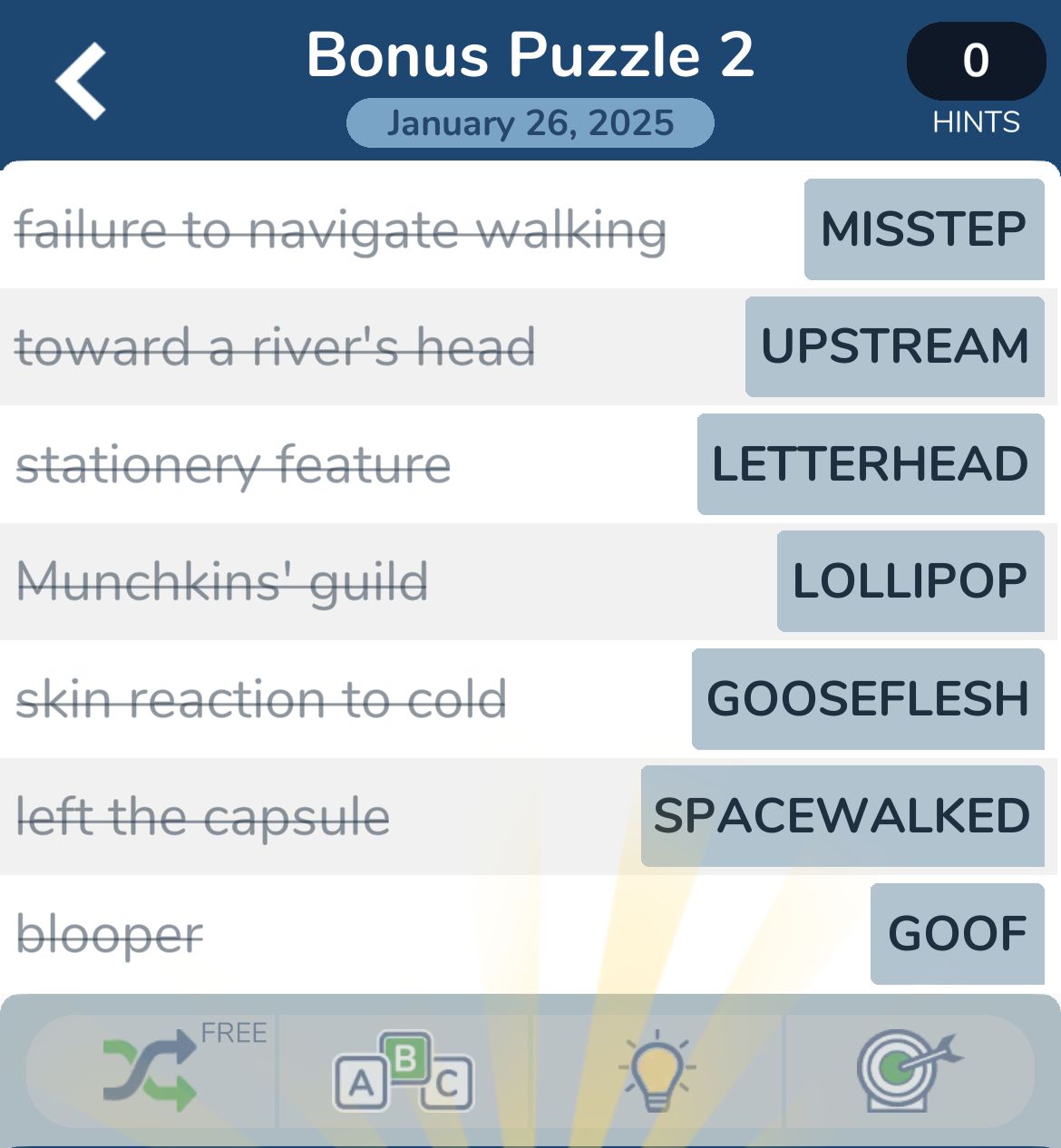 Word puzzle clues and answers for January 26, 2025.