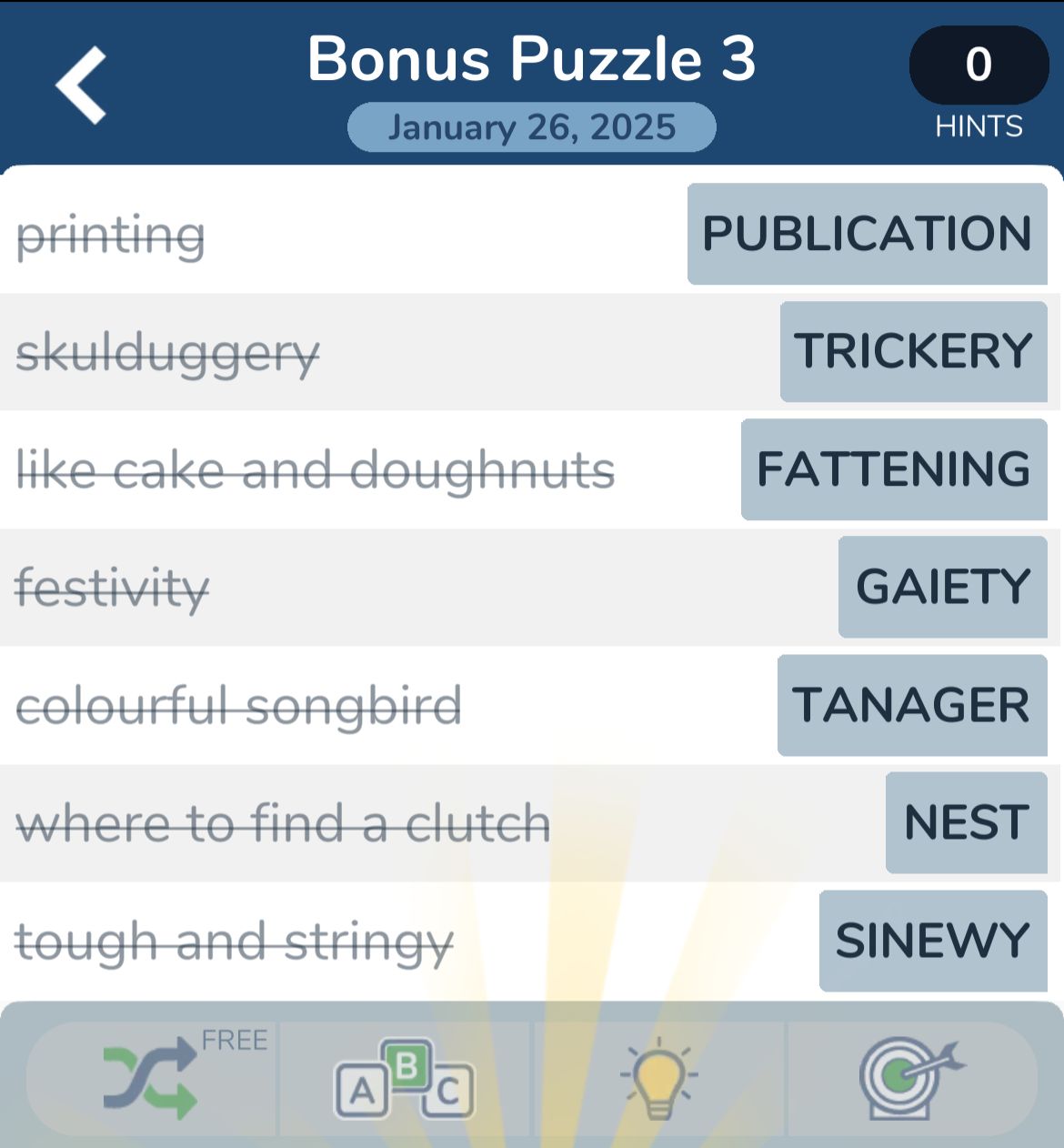 Word puzzle with clues and answers for January 2025.
