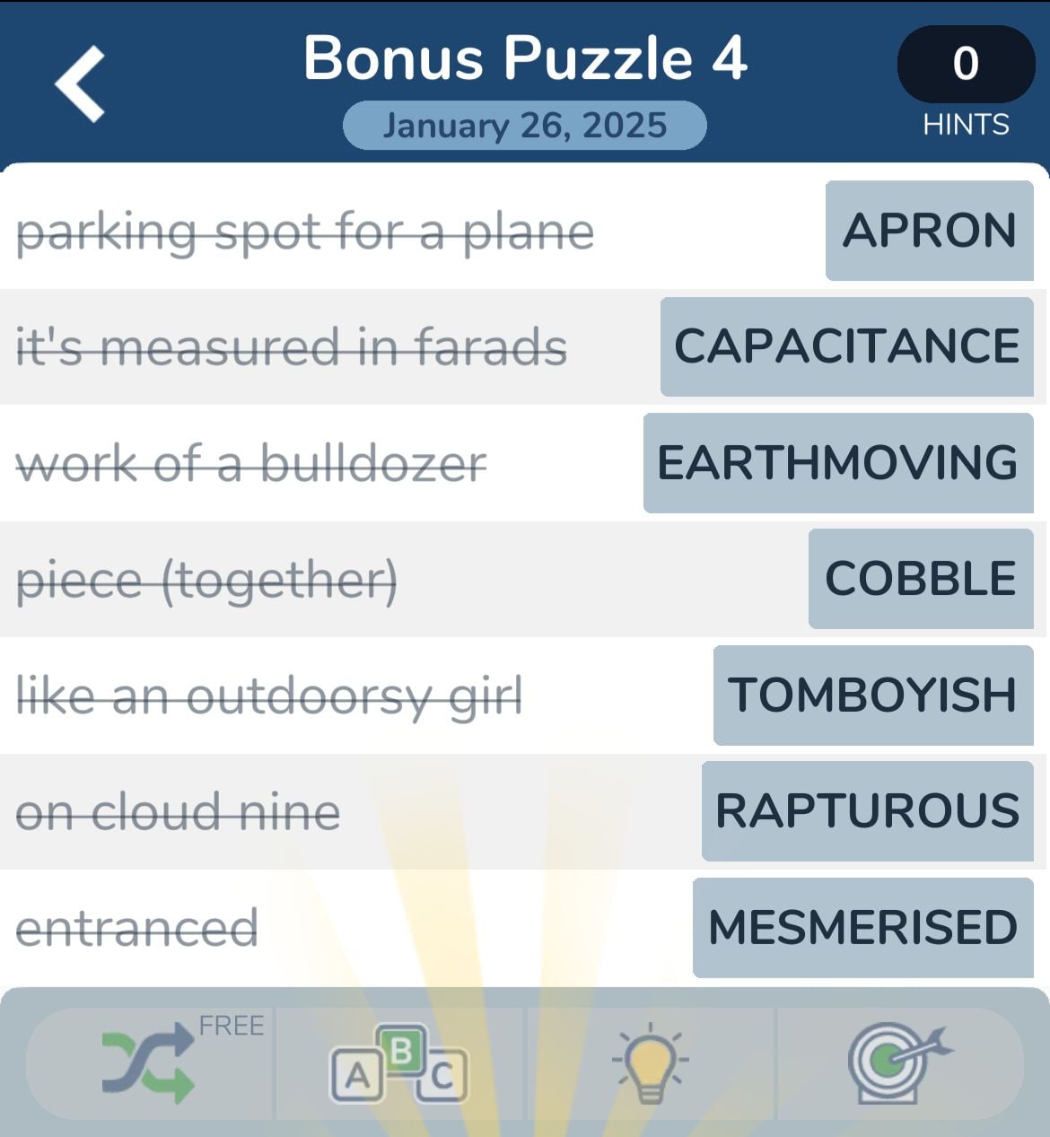 Crossword puzzle answers for various clues.
