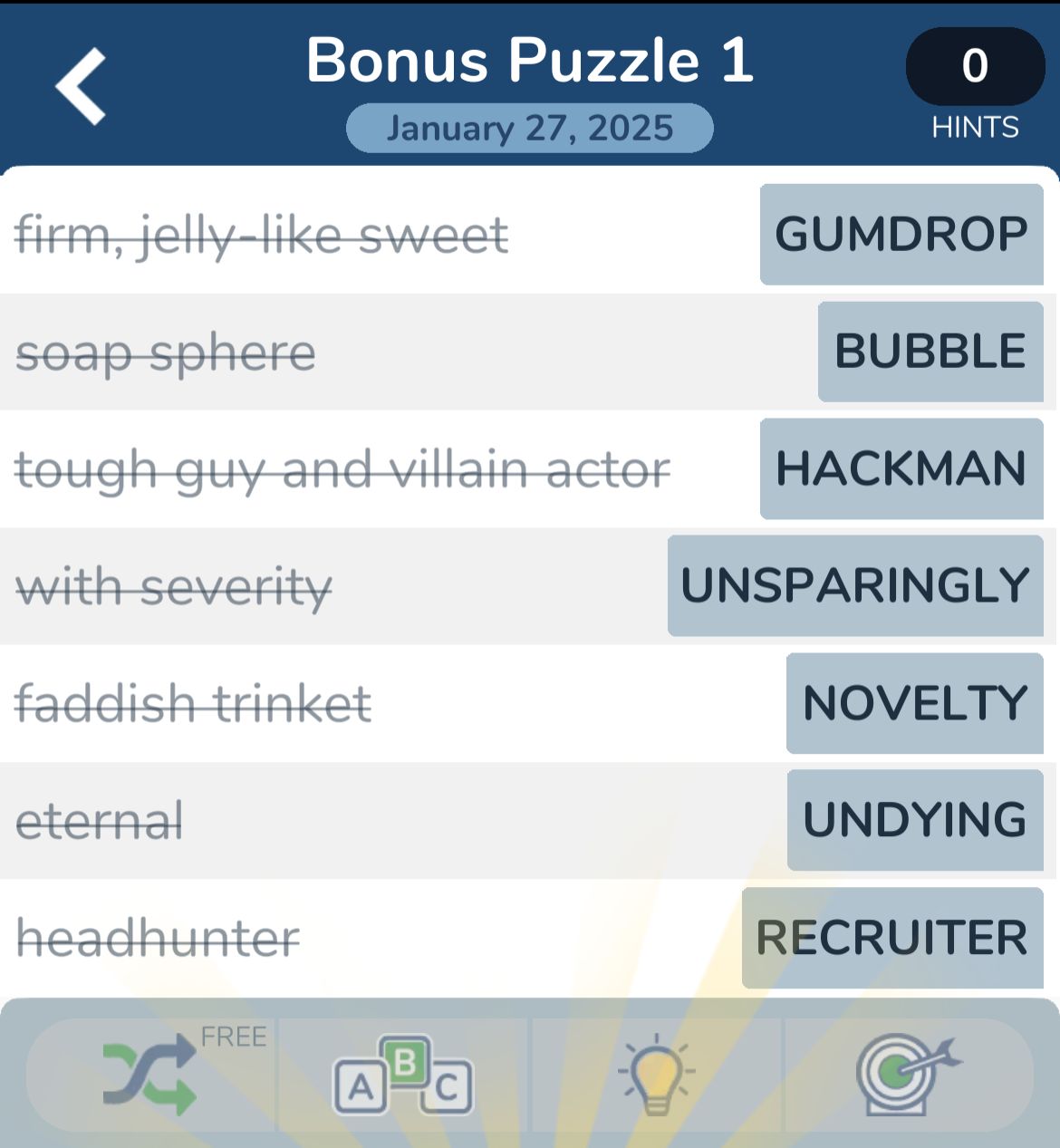 Word game puzzle with clues and answers.