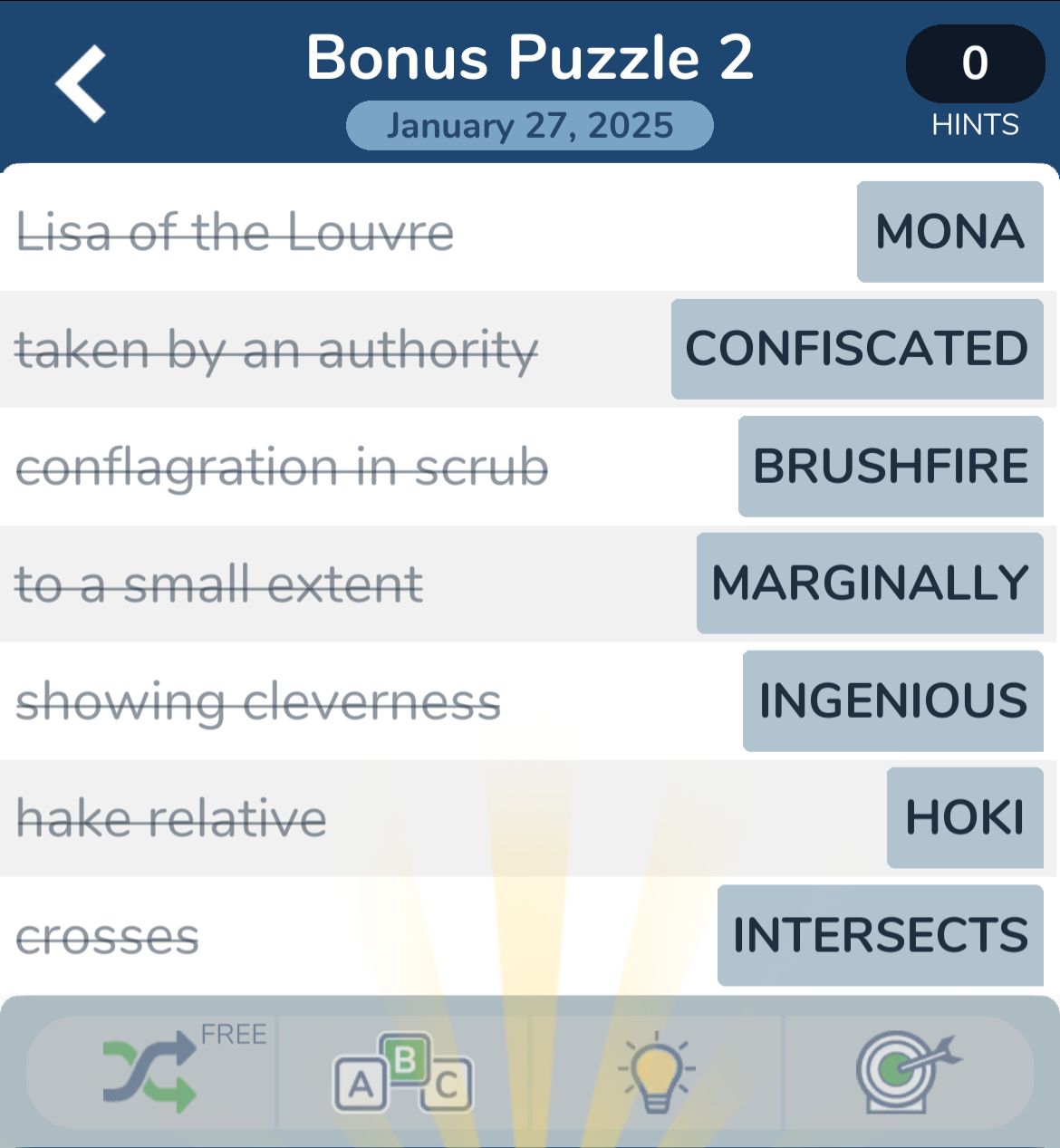Word puzzle clues with solutions, January 27, 2025.