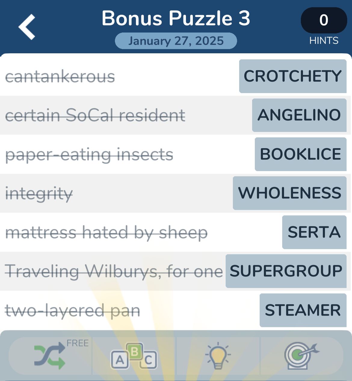 Word puzzle with answers on January 27, 2025.