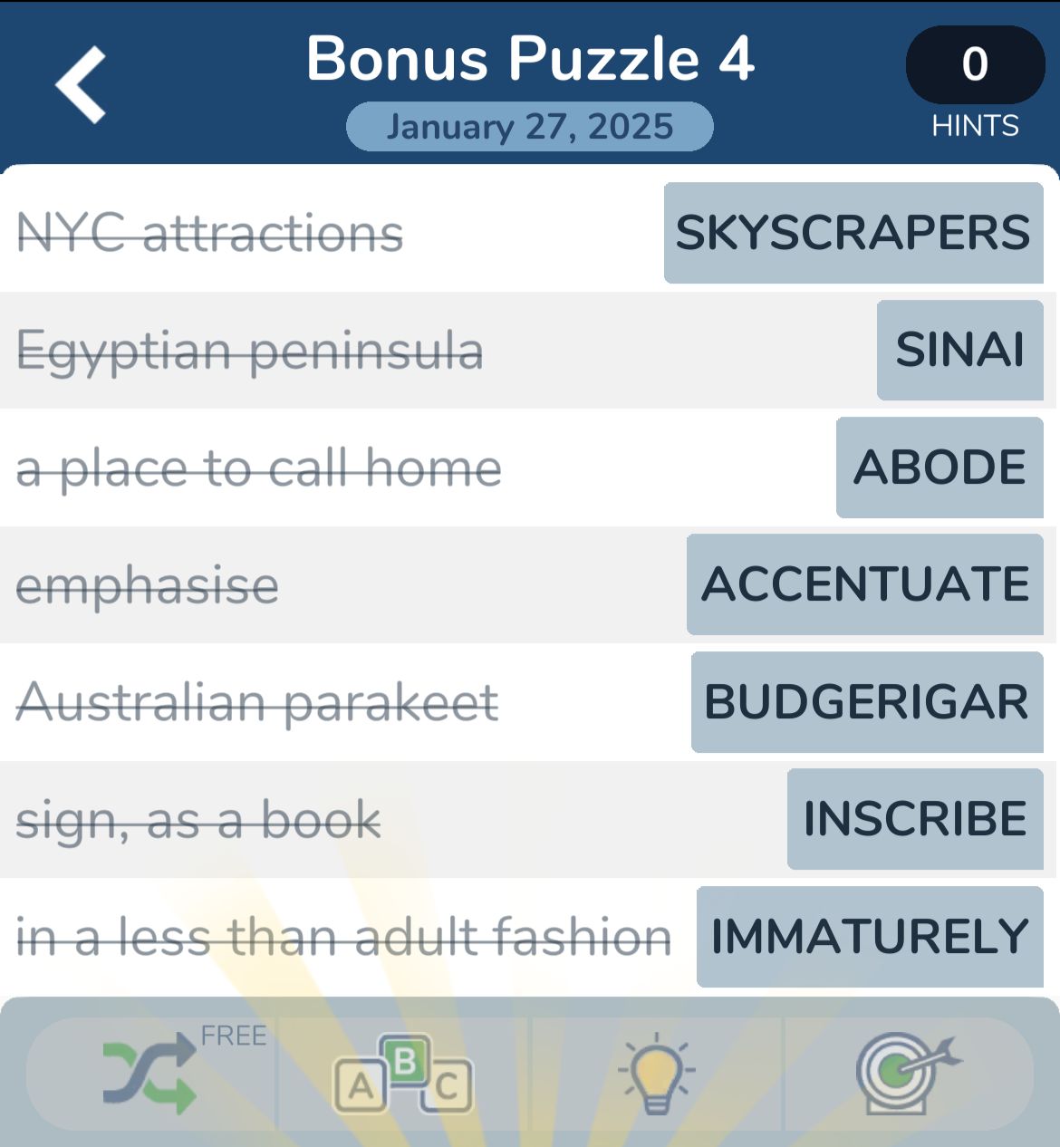 Word puzzle with synonyms and answers displayed.