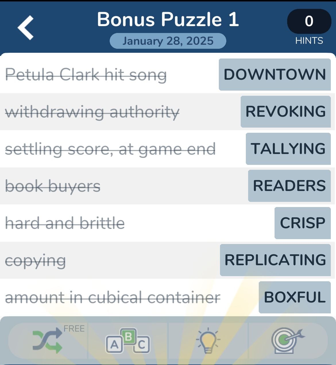 Word puzzle with clues and answers, January 2025.
