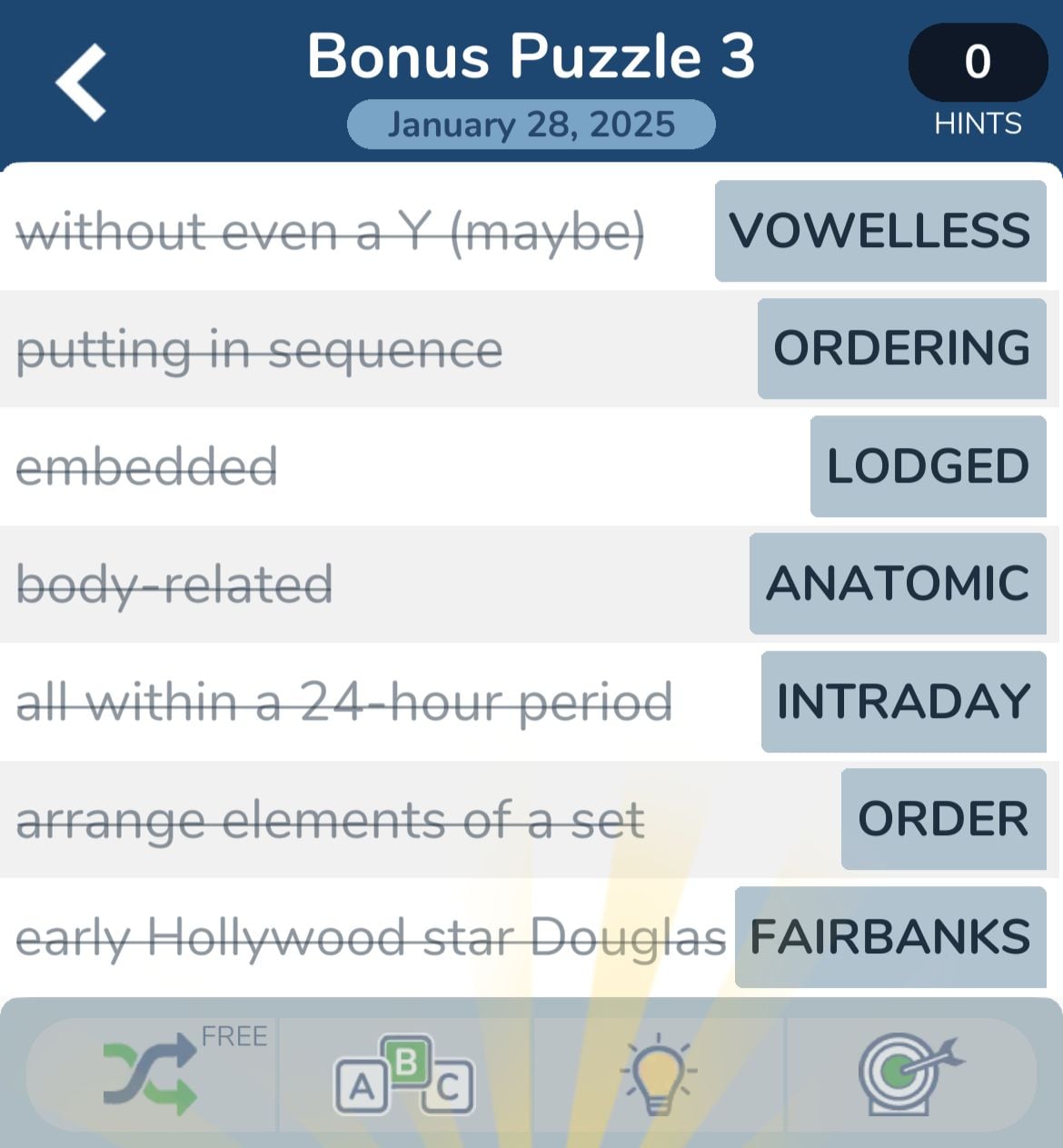 Bonus puzzle clues and answers, January 28, 2025.