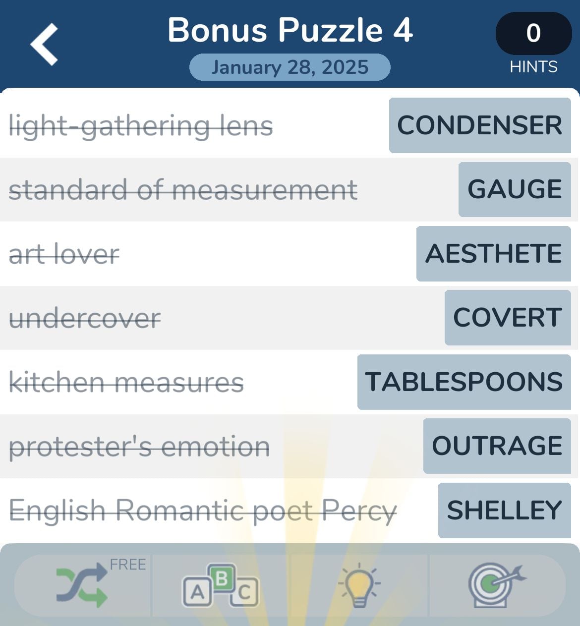 Word puzzle answers for bonus game on January 28, 2025.