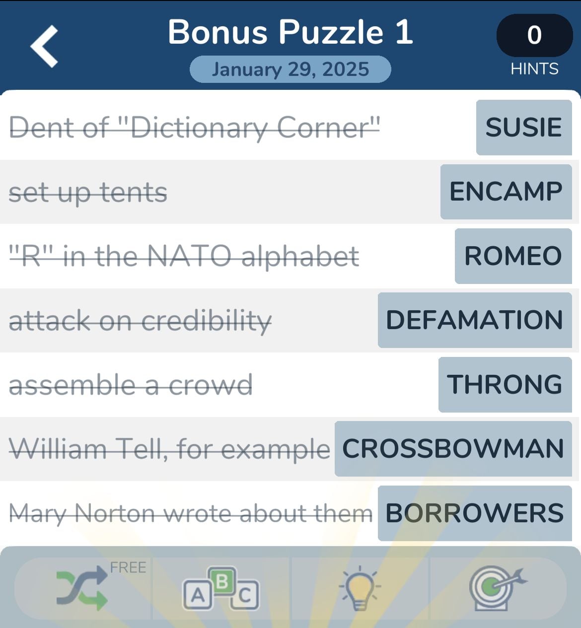 Crossword puzzle clues and answers for Bonus Puzzle 1.