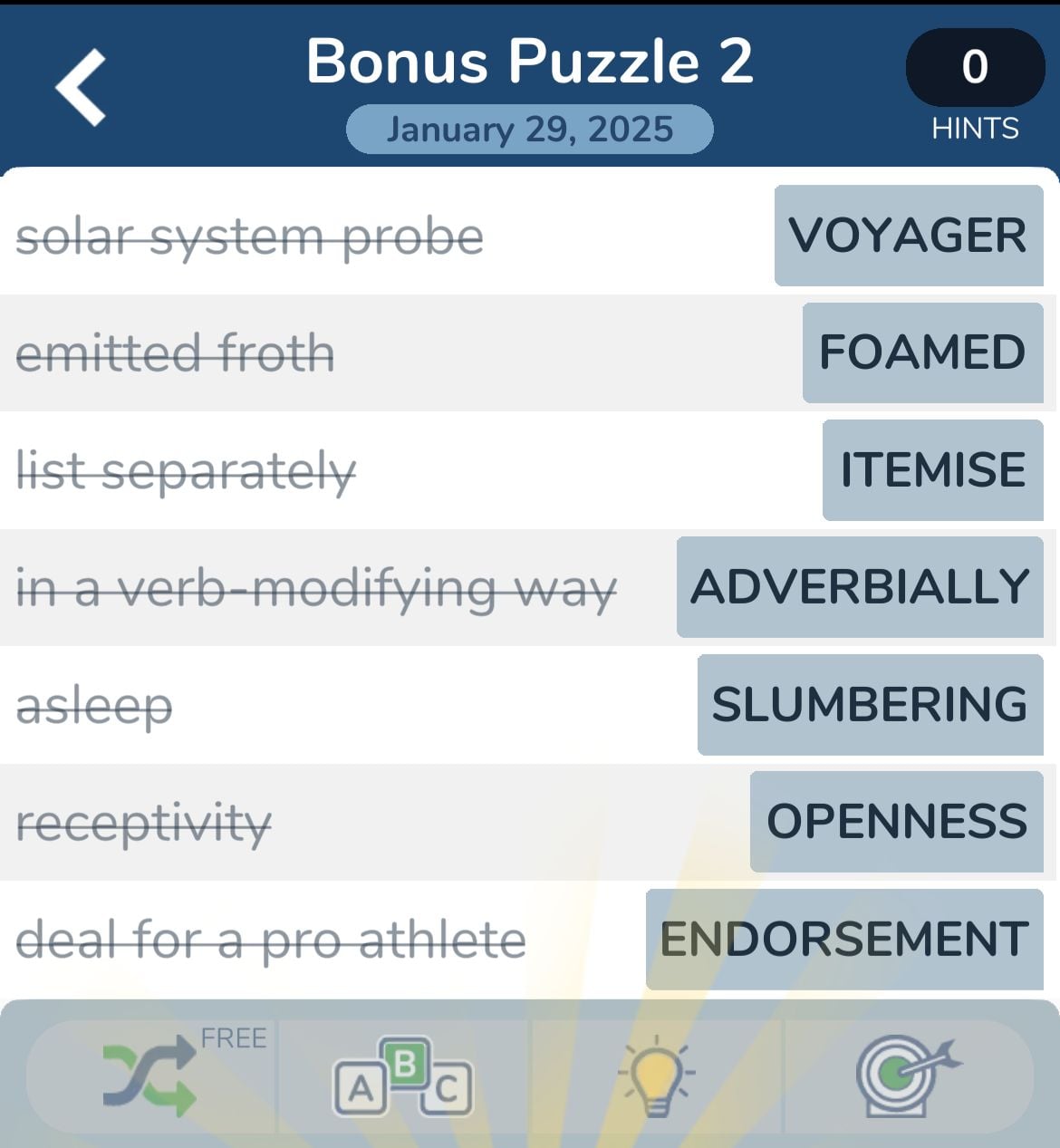 Word puzzle solving interface screenshot.