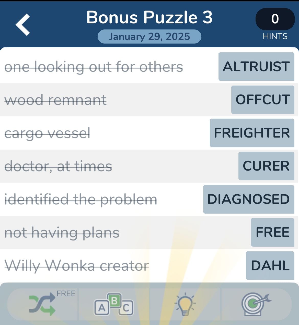 Word puzzle answers: altruist, offcut, freighter.