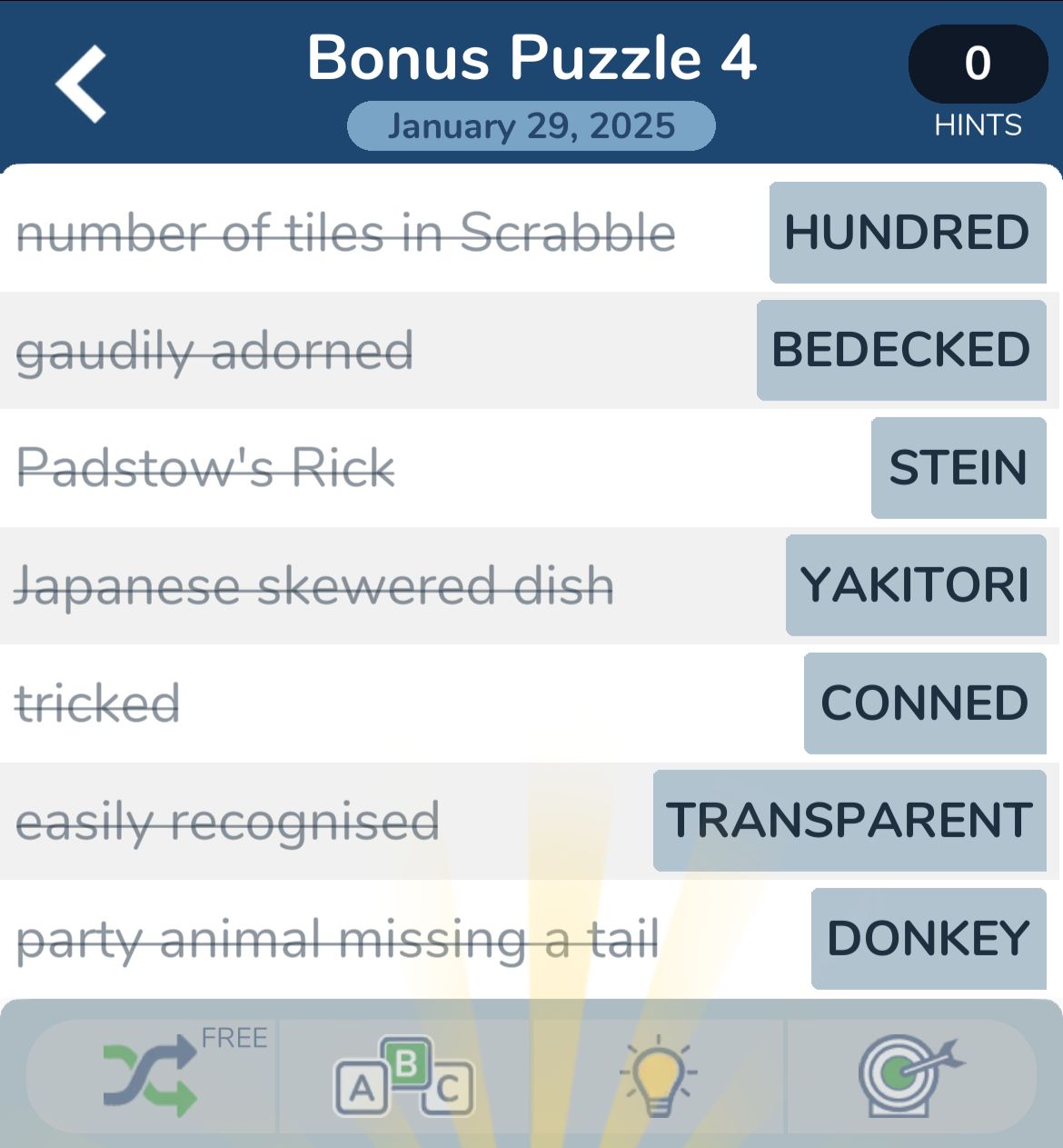 Word puzzle with clues and answers displayed.