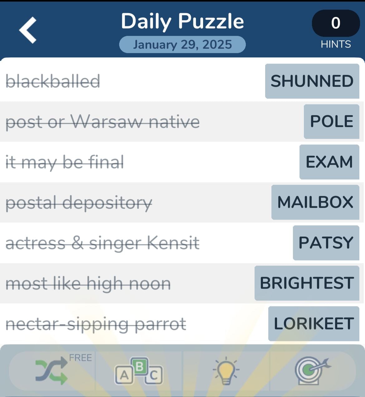 Crossword puzzle solutions and clues for January 29, 2025.