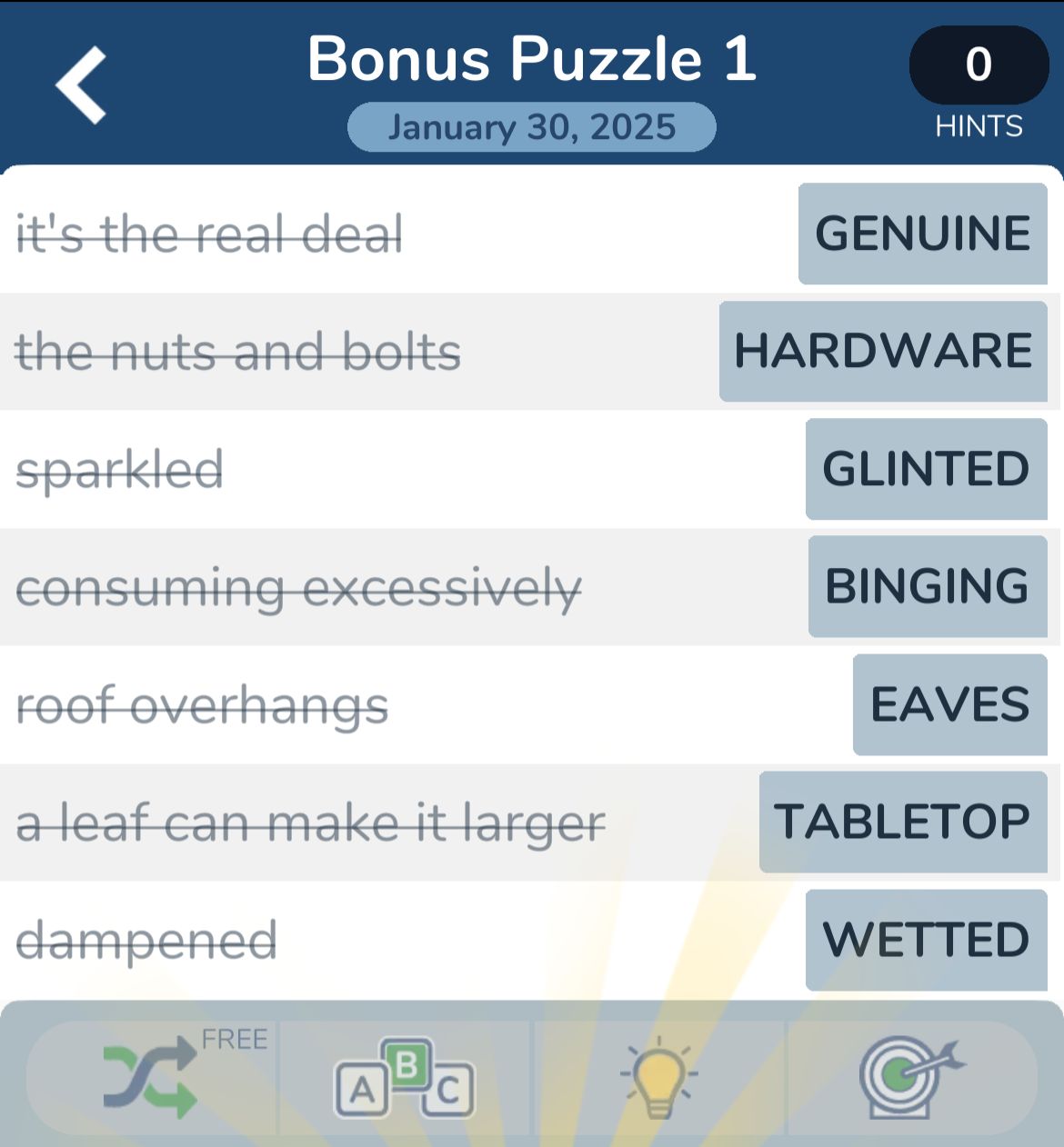 Word puzzle solutions for January 30, 2025.