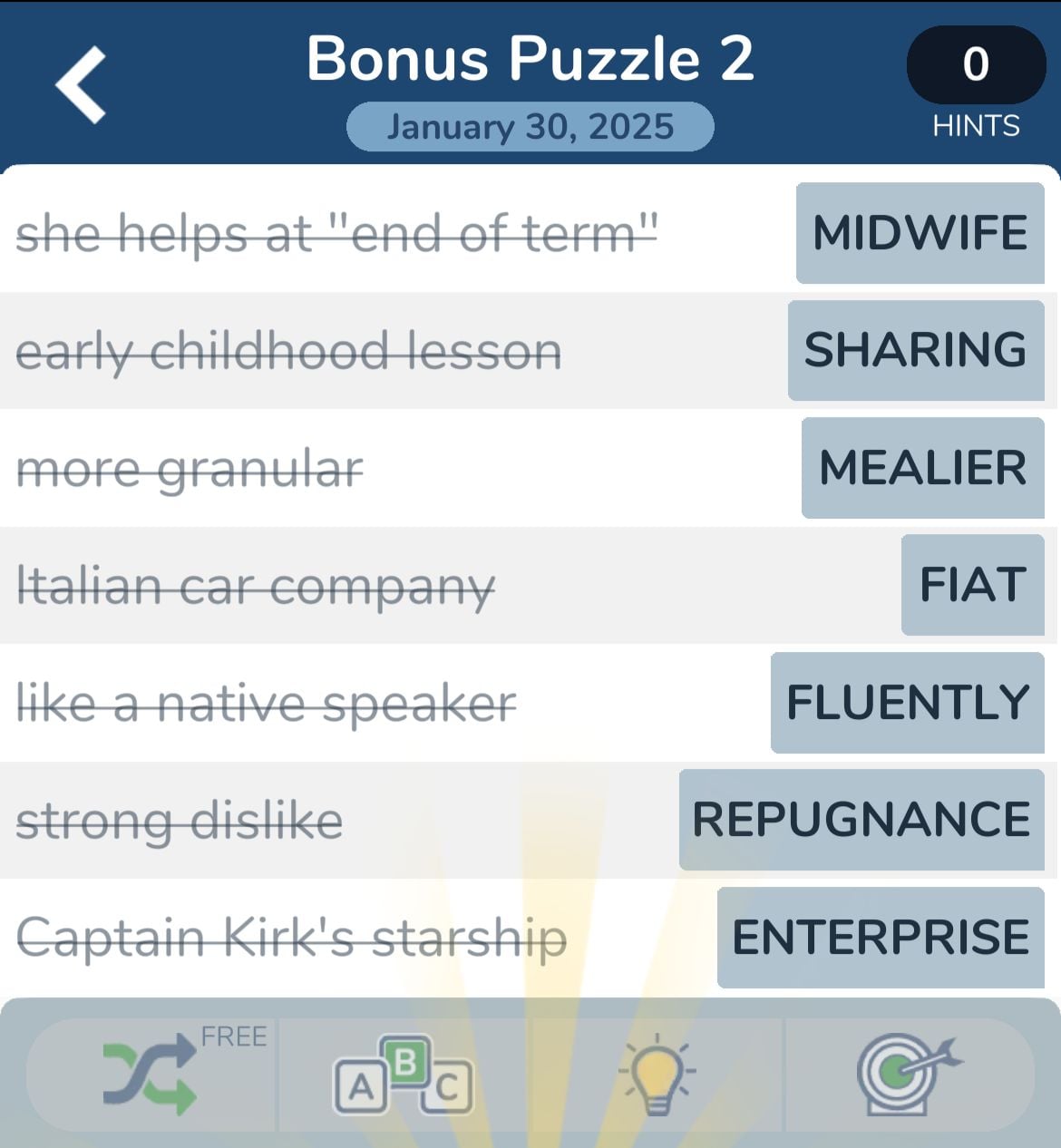 Word puzzle answers: Midwife, Sharing, Mealier, Fiat, Fluently.